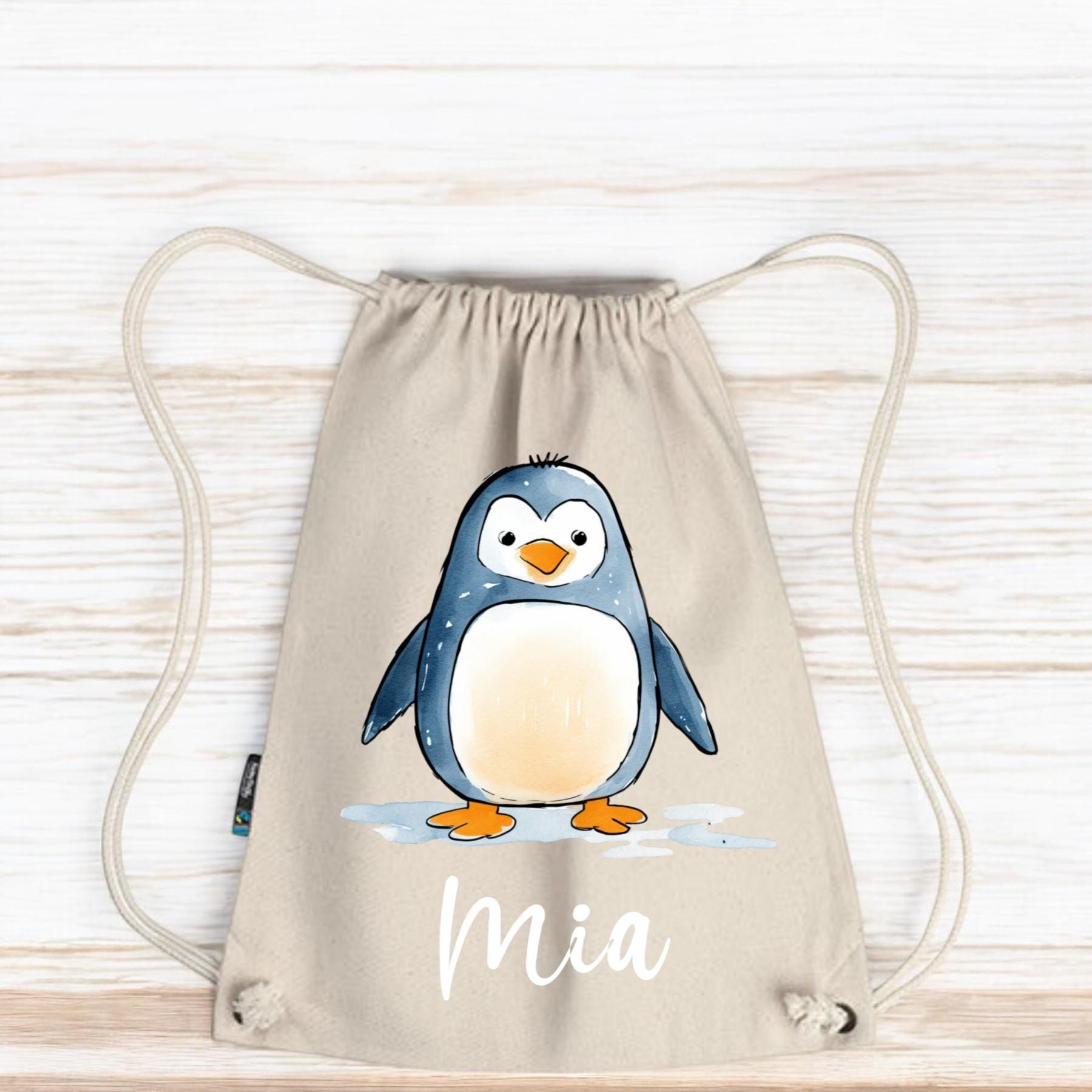 Personalisierter Turnbeutel – Pinguin, Farbe Dusty Grau und dein Wunschname, für KIGA-Schule, Sportbeutel, prakt. Geschenk, Waschbar,