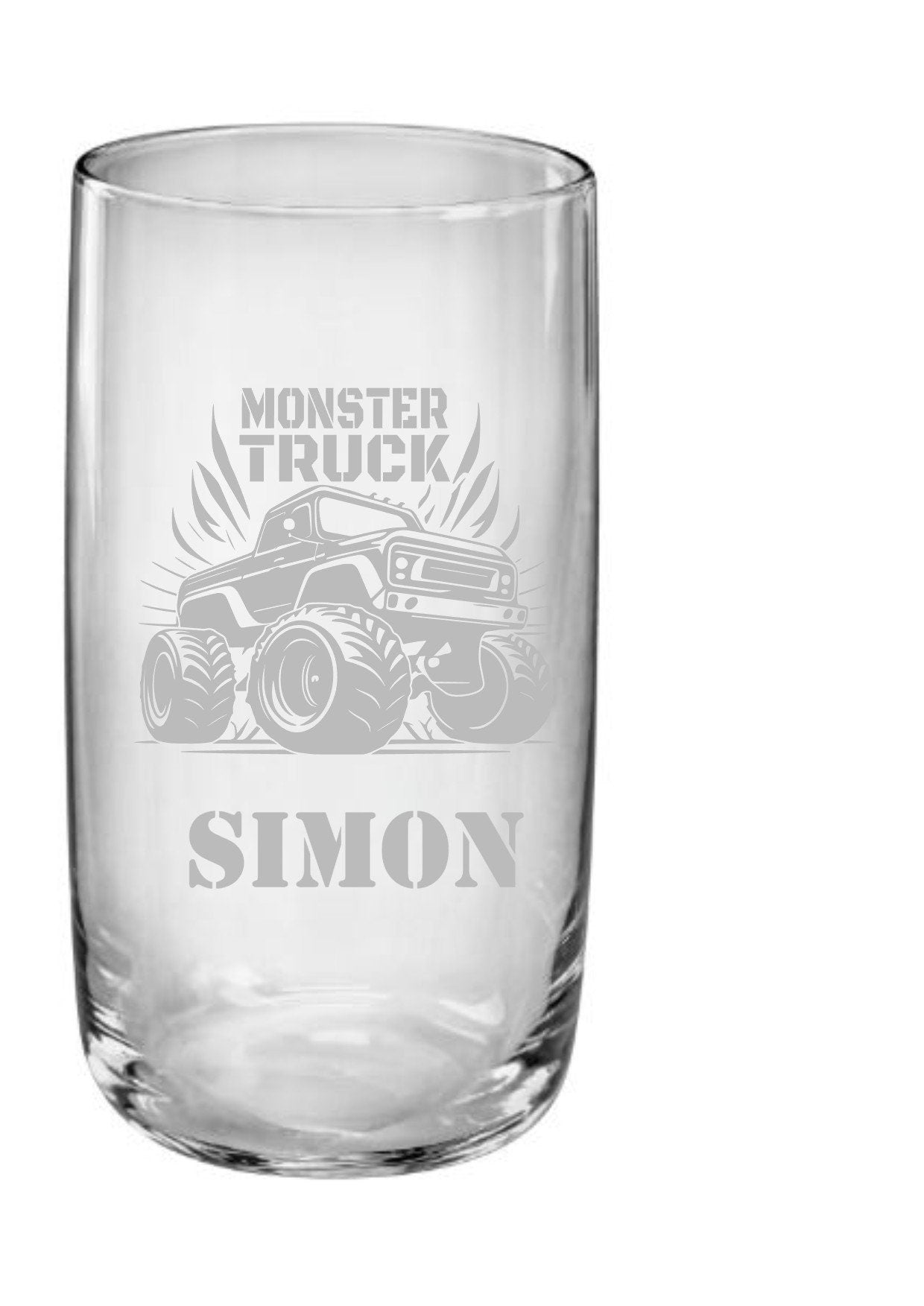 Trinkglas personalisiert mit Namen und Monstertrackmotiv, Geschenk, Kindertrinkglas