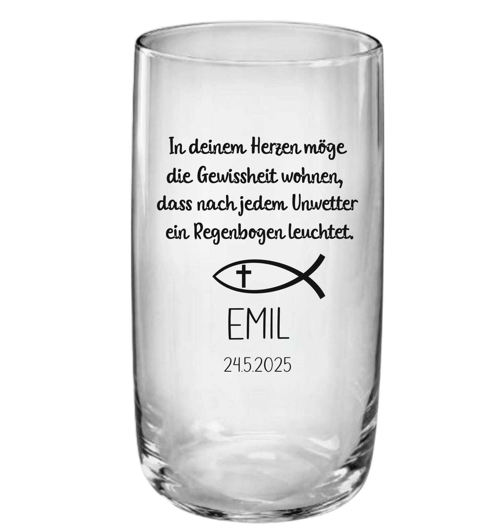 Trinkglas Kommunion, Konfirmation oder Taufe, personalisiert, graviert, Geschenk, mit Namen und Spruch, Gastgeschenk, Junge o. Mädchen
