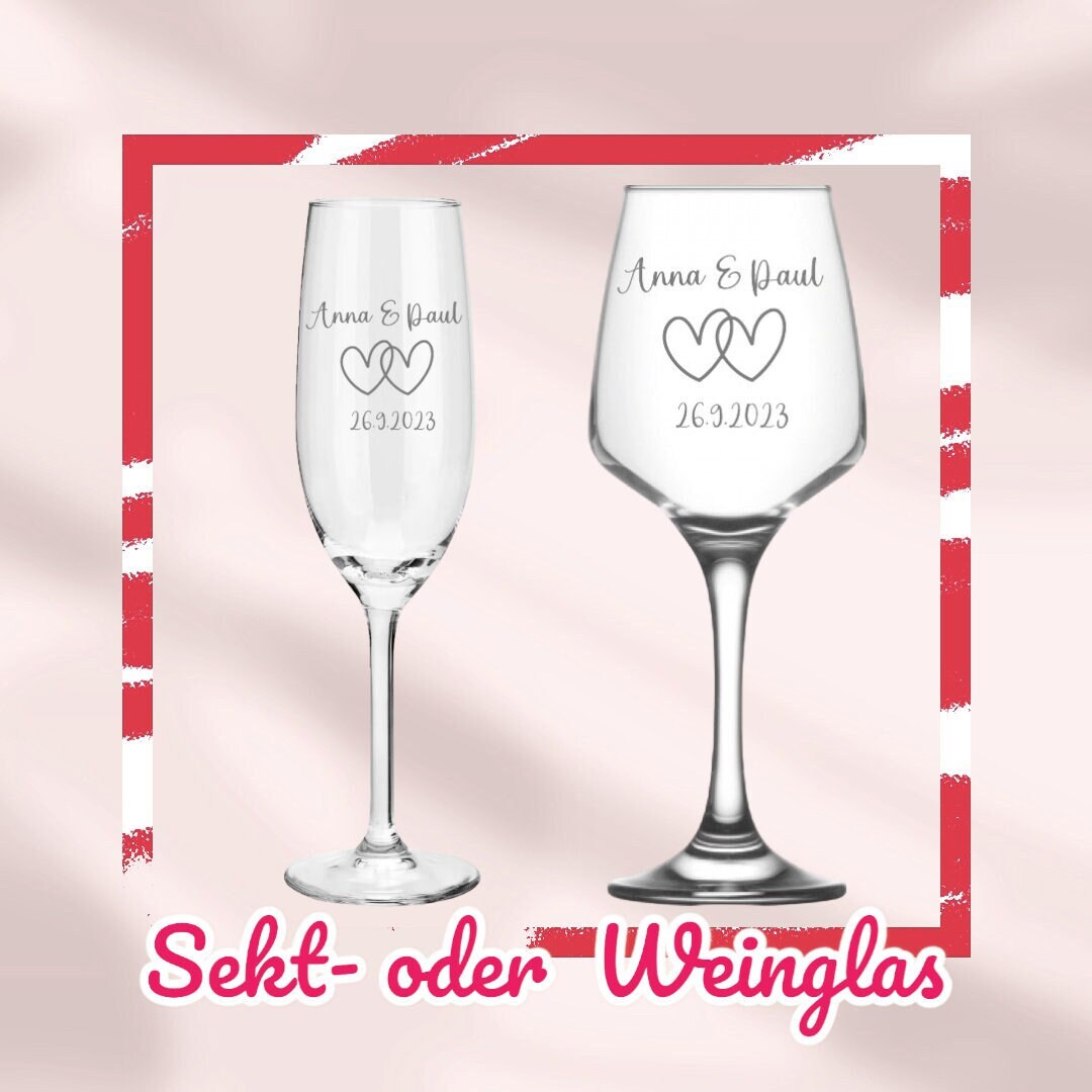 Weinglas oder Sektglas mit Namen & Datum personalisiert, Geschenk für die Hochzeit, das Brautpaar oder als Gastgeschenk, versch. Herzmuster
