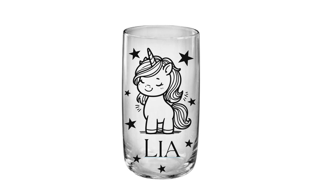 Graviertes Trinkglas mit Einhorn und Namen für Kinder, gut geeignet für kleine Kinderhände, ideales Geschenk zum Geburtstag o.a. Kindertag