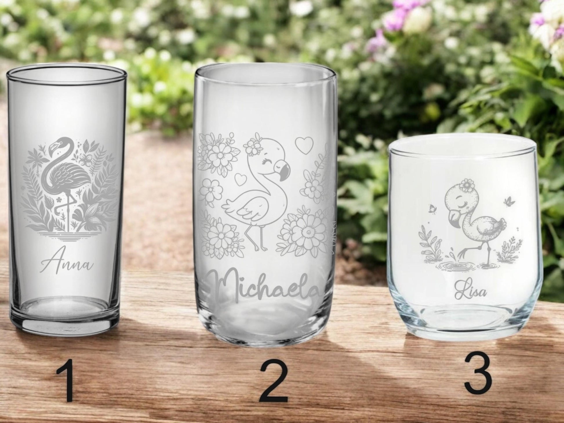 Flamingo Kinder Trinkglas mit Gravur, personalisiert mit Namen oder Wunschtext, 3 versch. Glasformen,  Geschenk für Flamingofans, Art.Nr.F1