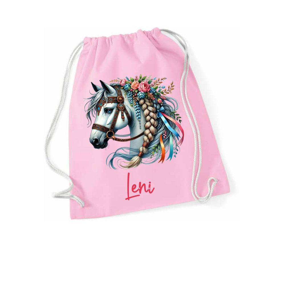 Turnbeutel Pferd, Sporttasche, Rucksack, Schule, Kindergarten, mit Namen personalisiert, Geschenk für Schulanfang, Kindergarten, romantisch