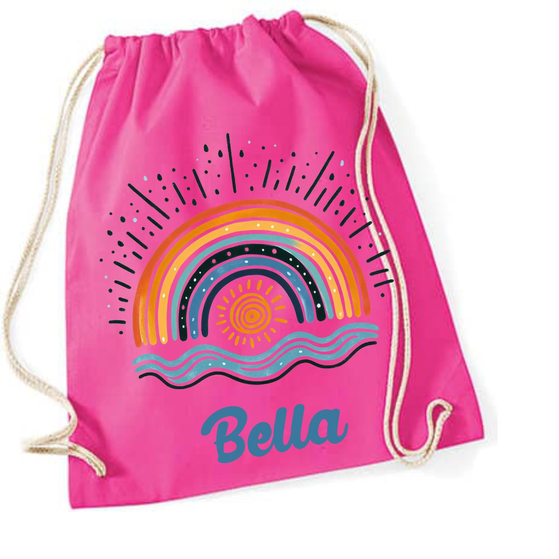 Turnbeutel Regenbogen mit Namen personalisiert, viele Farben Schriftarten, Geschenk für Schule, Kindergarten & Freizeit, Zugschnur, Rucksack