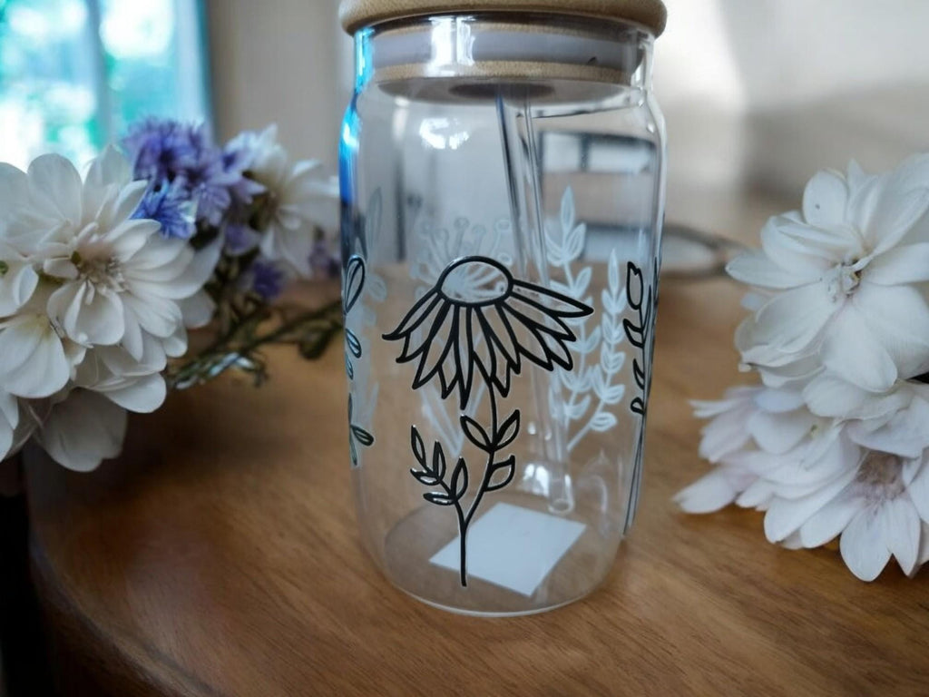 Trinkbecher mit Bambusdeckel und Glasstrohalm, Blumenmuster, To Go Becher, 350 ml, Becher mit Deckel, mit/ohne Personalisierung