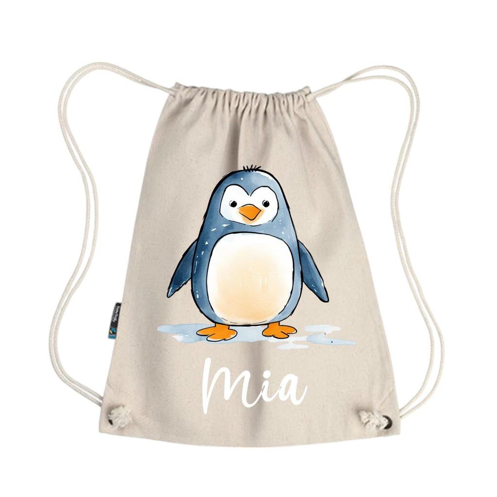 Personalisierter Turnbeutel – Pinguin, Farbe Dusty Grau und dein Wunschname, für KIGA-Schule, Sportbeutel, prakt. Geschenk, Waschbar,