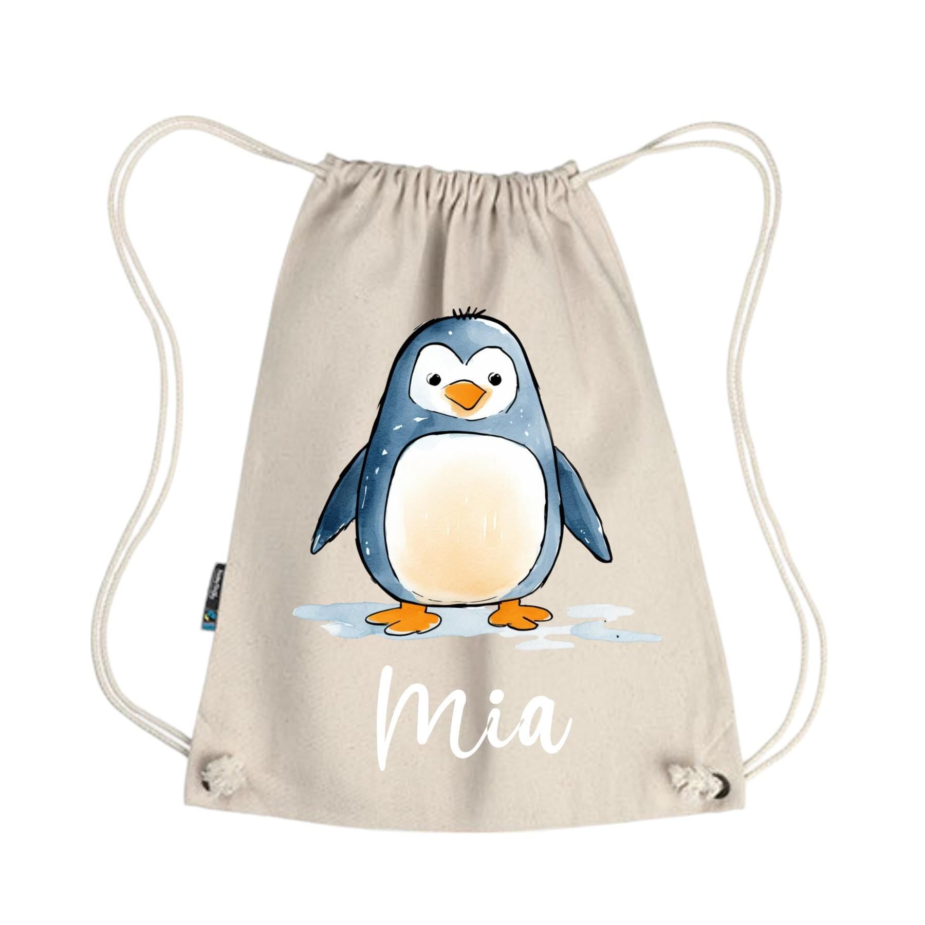 Personalisierter Turnbeutel – Pinguin, Farbe Dusty Grau und dein Wunschname, für KIGA-Schule, Sportbeutel, prakt. Geschenk, Waschbar,