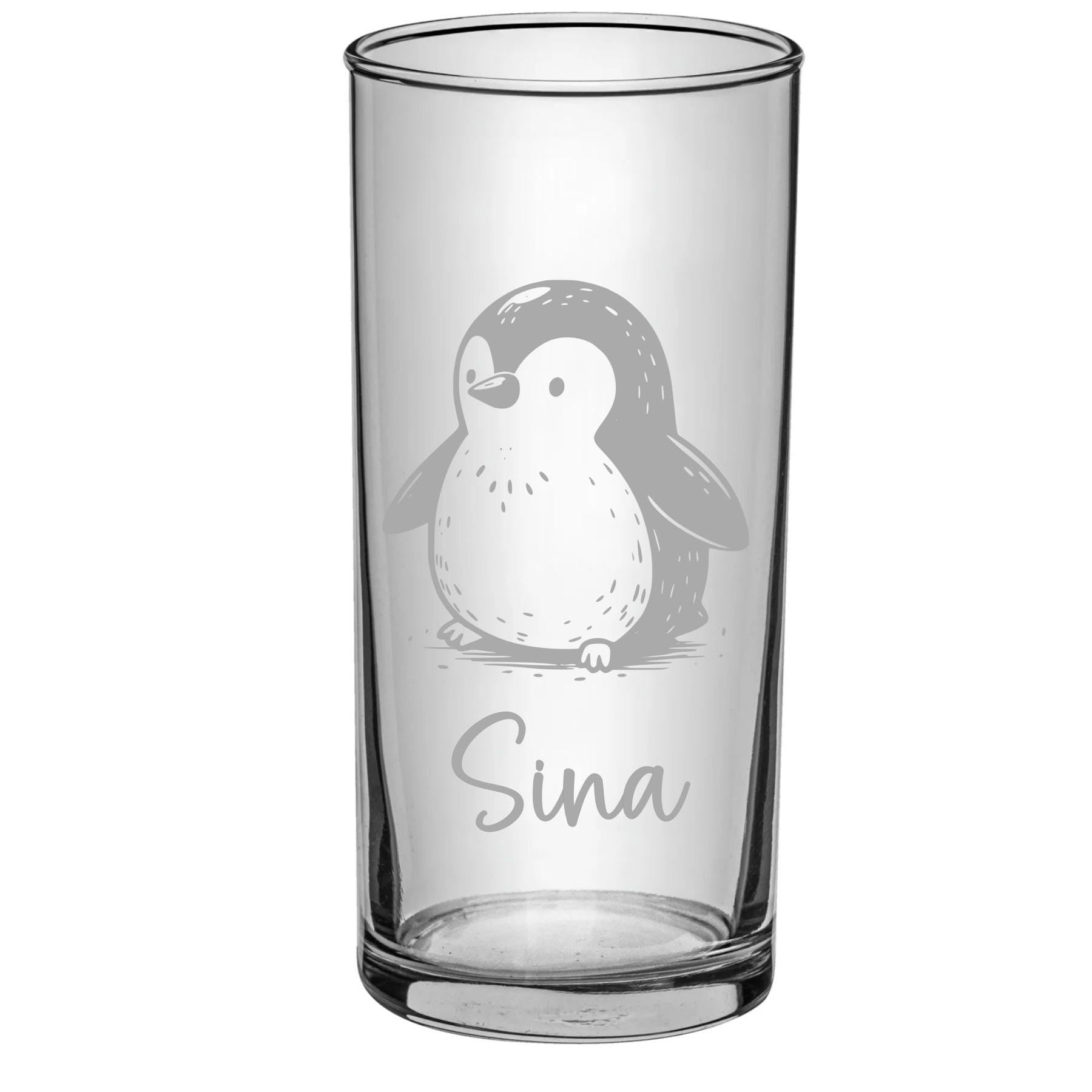 Einzigartiges, personalisiertes Kindertrinkglas, mit Pinguin und Namen graviert, handlich für kleine Kinderhände, versch. Glas-Farben-Formen
