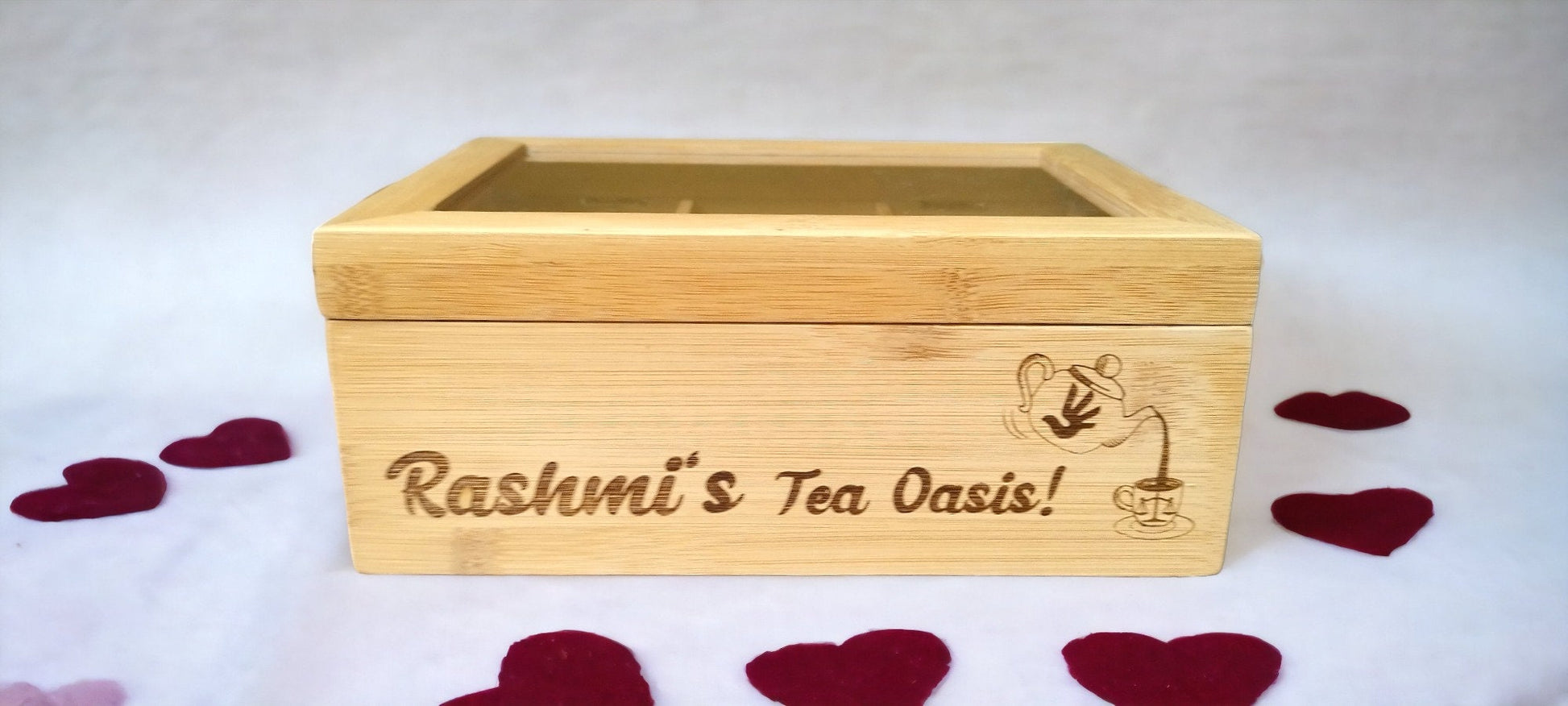Personalisierte Tee Box - Ein einzigartiges Geschenk für Teeliebhaber! aus Bambus, mit 6 Fächern, mit Wunschgravur!
