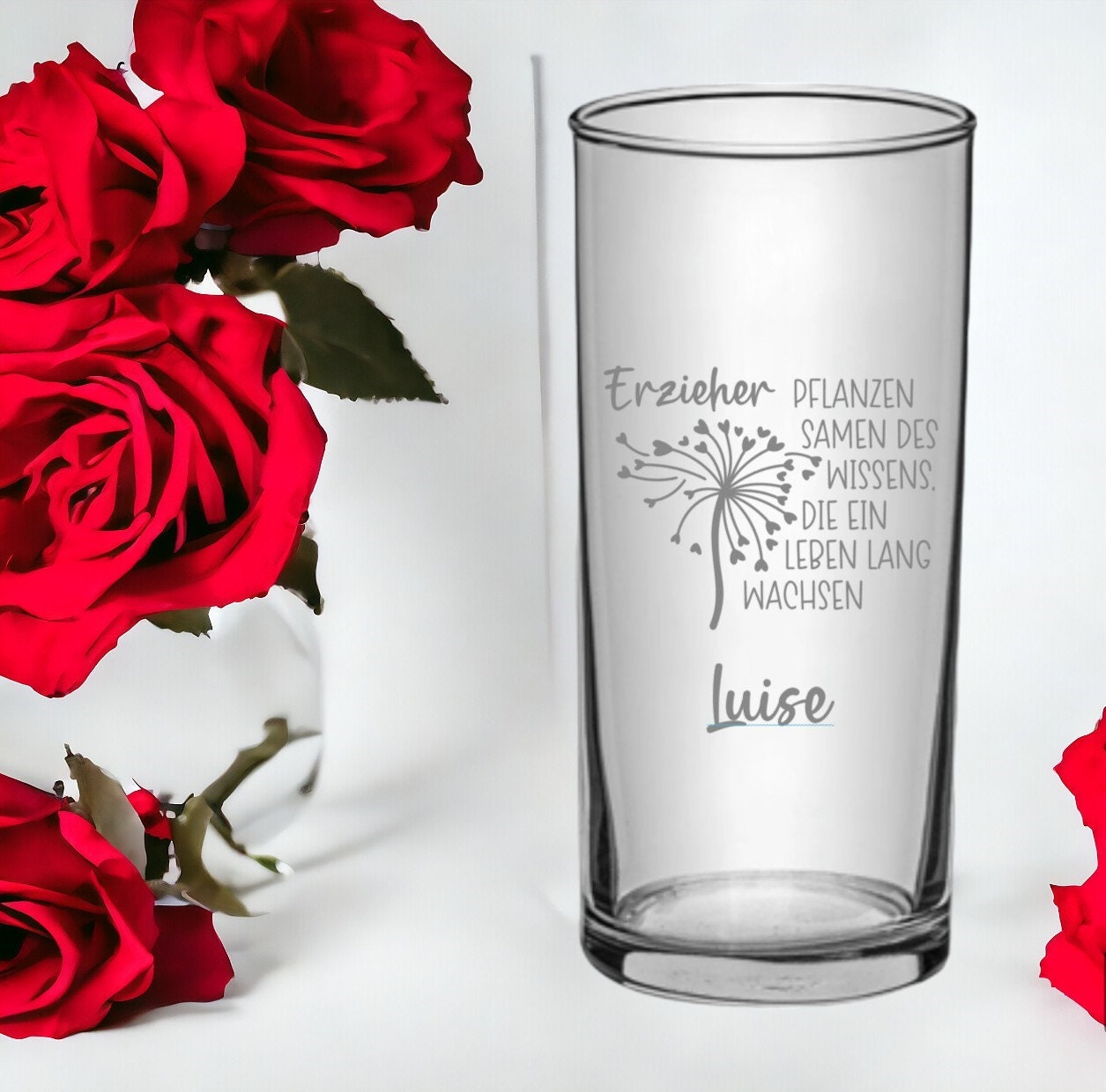 Trinkglas als Abschiedsgeschenk für die Kindergärtnerin, graviert, personalisiert, Geschenk mit Namen, versch. Motive zur Wahl