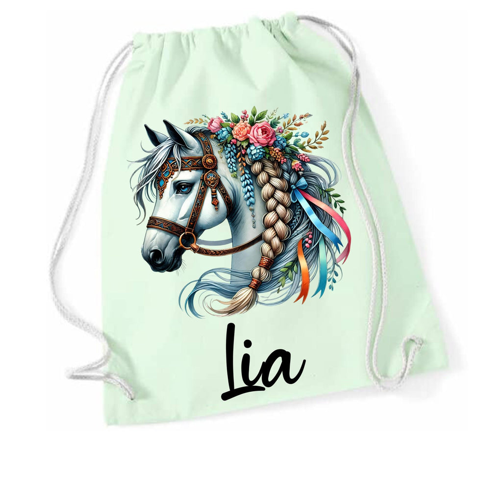 Turnbeutel Pferd, Sporttasche, Rucksack, Schule, Kindergarten, mit Namen personalisiert, Geschenk für Schulanfang, Kindergarten, romantisch