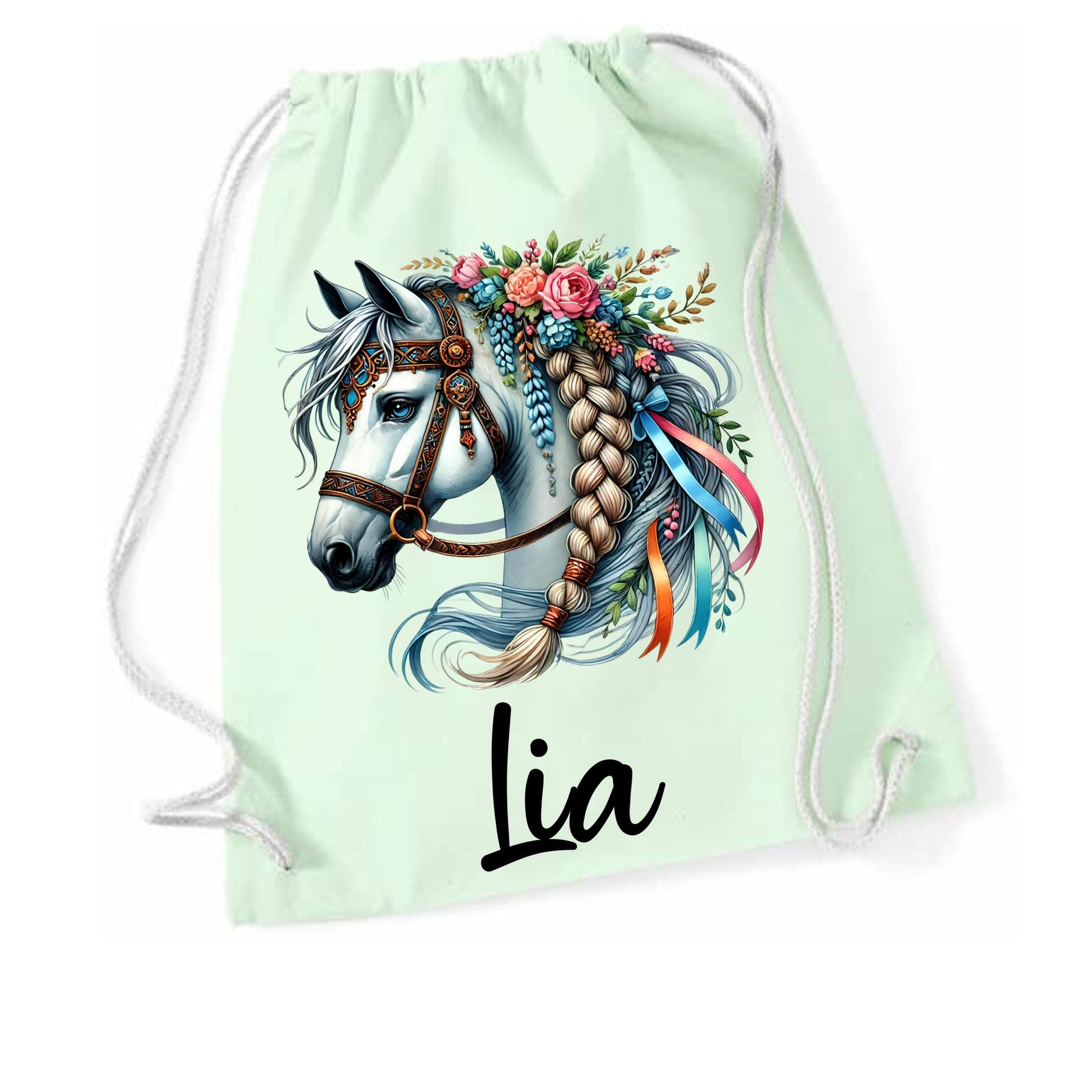 Turnbeutel Pferd, Sporttasche, Rucksack, Schule, Kindergarten, mit Namen personalisiert, Geschenk für Schulanfang, Kindergarten, romantisch