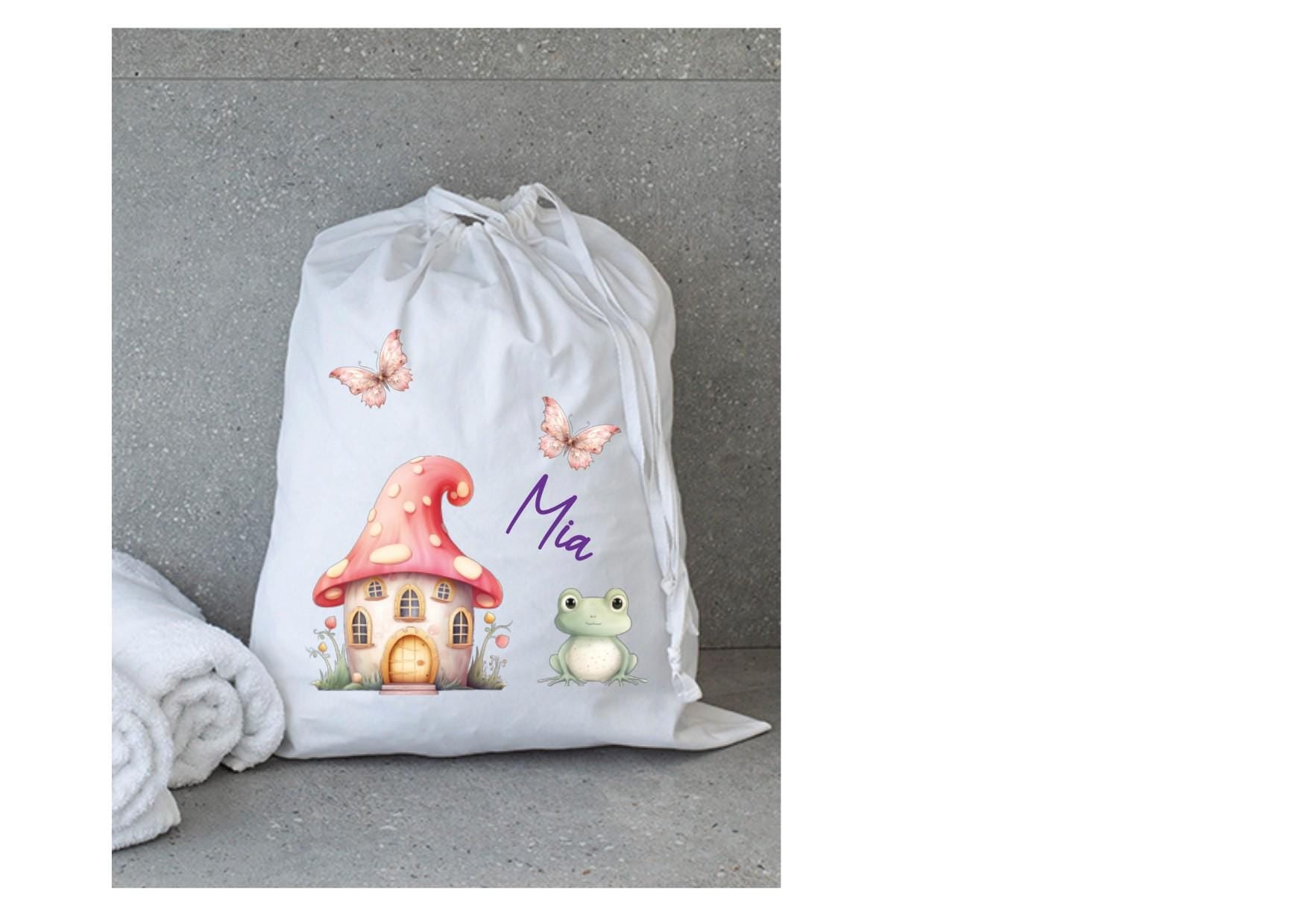 Personalisierter Wäschebeutel für den Kindergarten, Fee Motive auf 2 Seiten, mit Namen personalisiert, Zuziehbeutel, waschbar, Geschenk