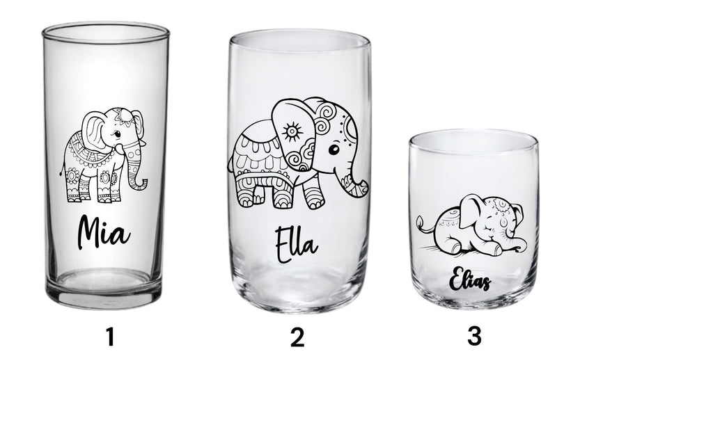 Elegantes Trinkglas mit graviertem Elefanten-Motiv & Wunschname, Geschenk für Kinder, 3 Glas Formen zur Auswahl, Art.-Nr.  KT03