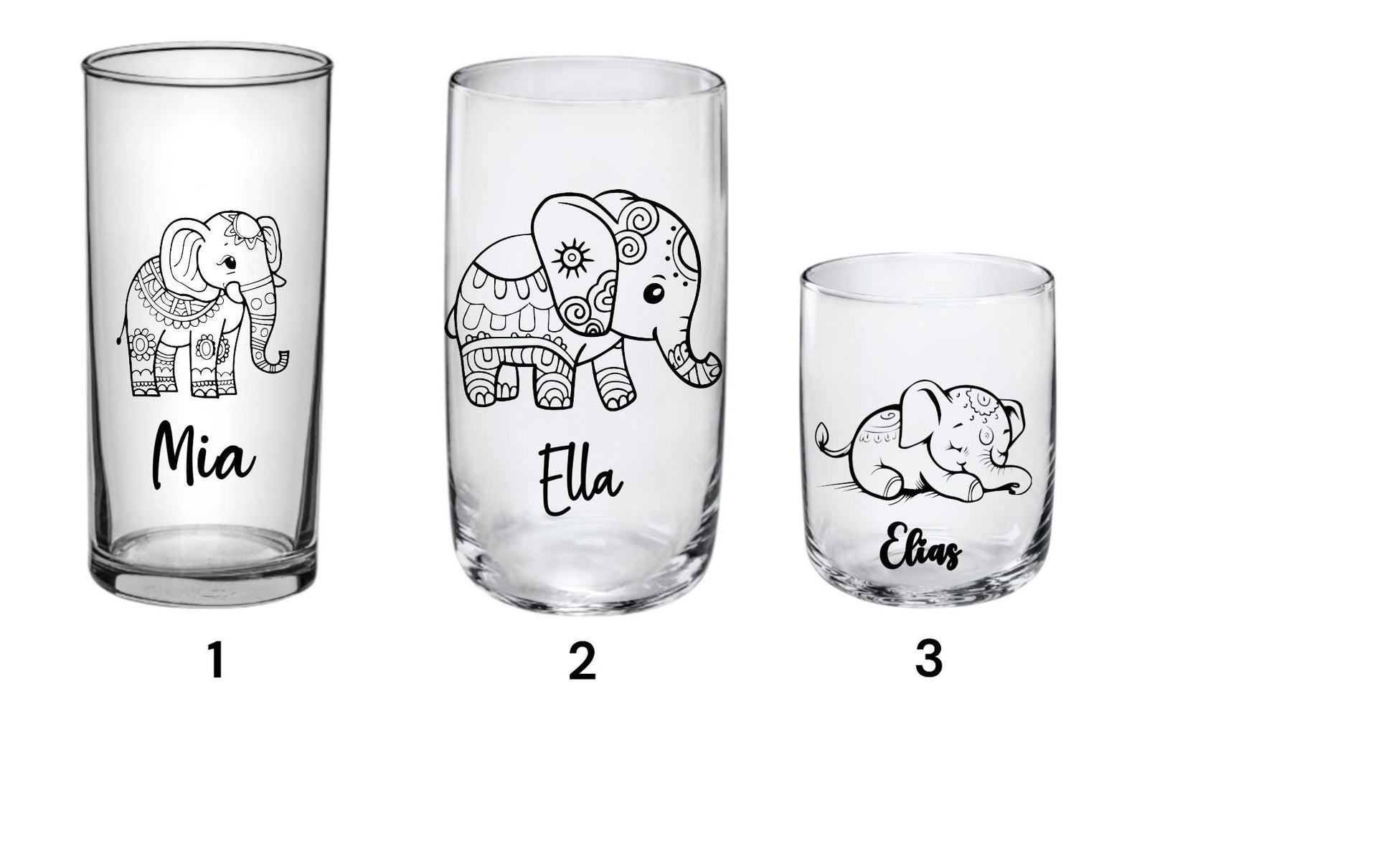 Elegantes Trinkglas mit graviertem Elefanten-Motiv & Wunschname, Geschenk für Kinder, 3 Glas Formen zur Auswahl, Art.-Nr.  KT03