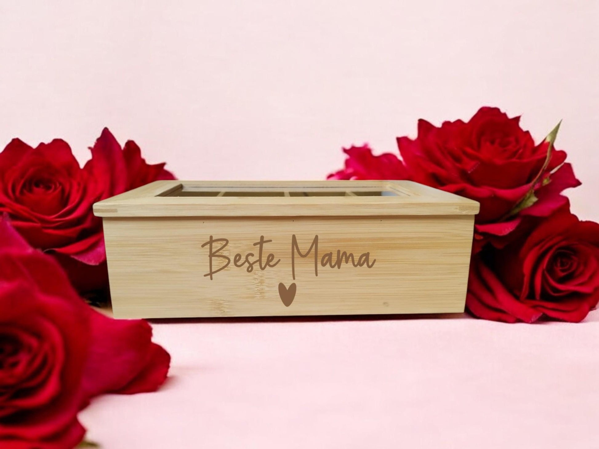 Personalisierte Tee Box, graviert, aus Bambus, 8 Fächer, mit Sichtfenster, Geschenk für die Mama, Geschenk zum Muttertag, Art.-Nr. TB2