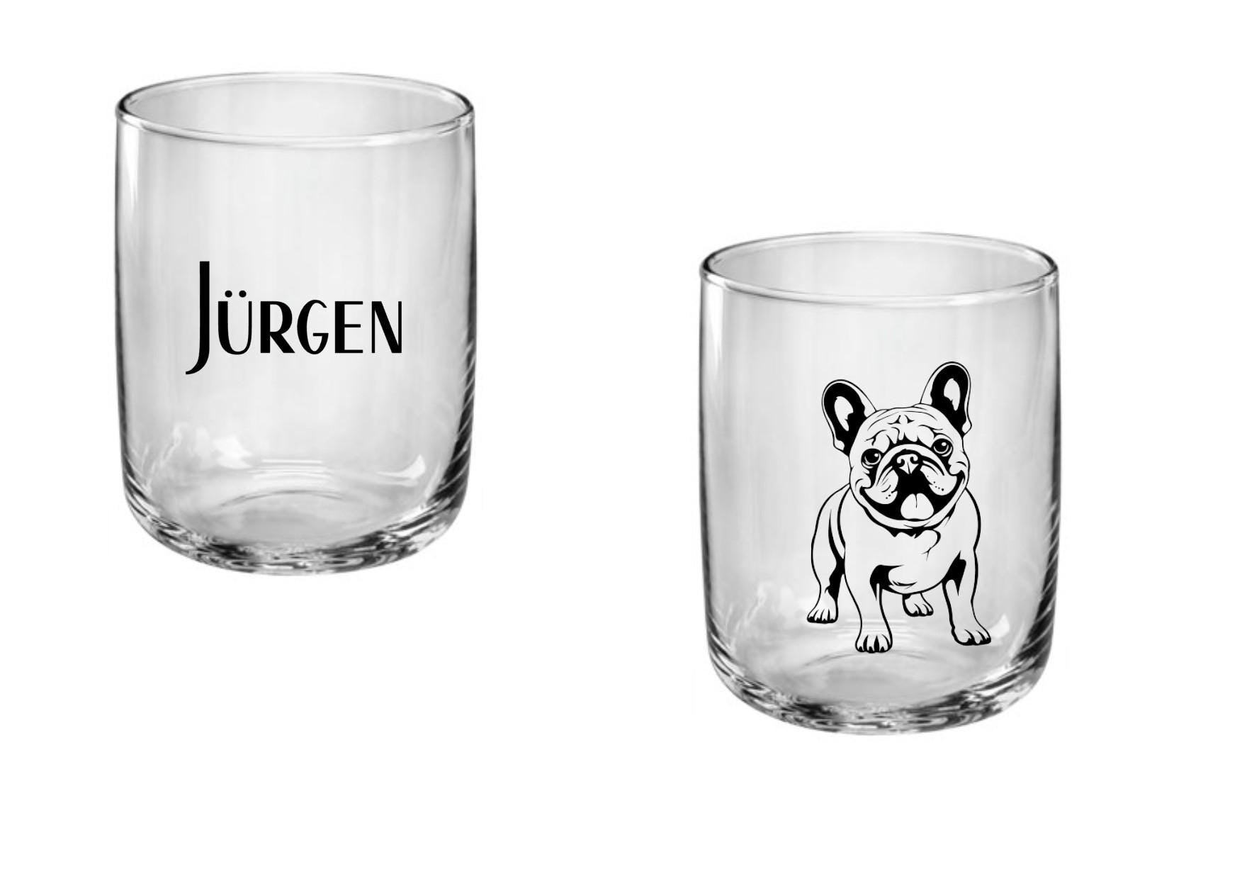 Trinkglas French Bulldog, graviert, spülmaschinenfest, mit französischer Bulldoge, mit deinem Wunschnamen, Geschenk, Wasserglas, Saftglas
