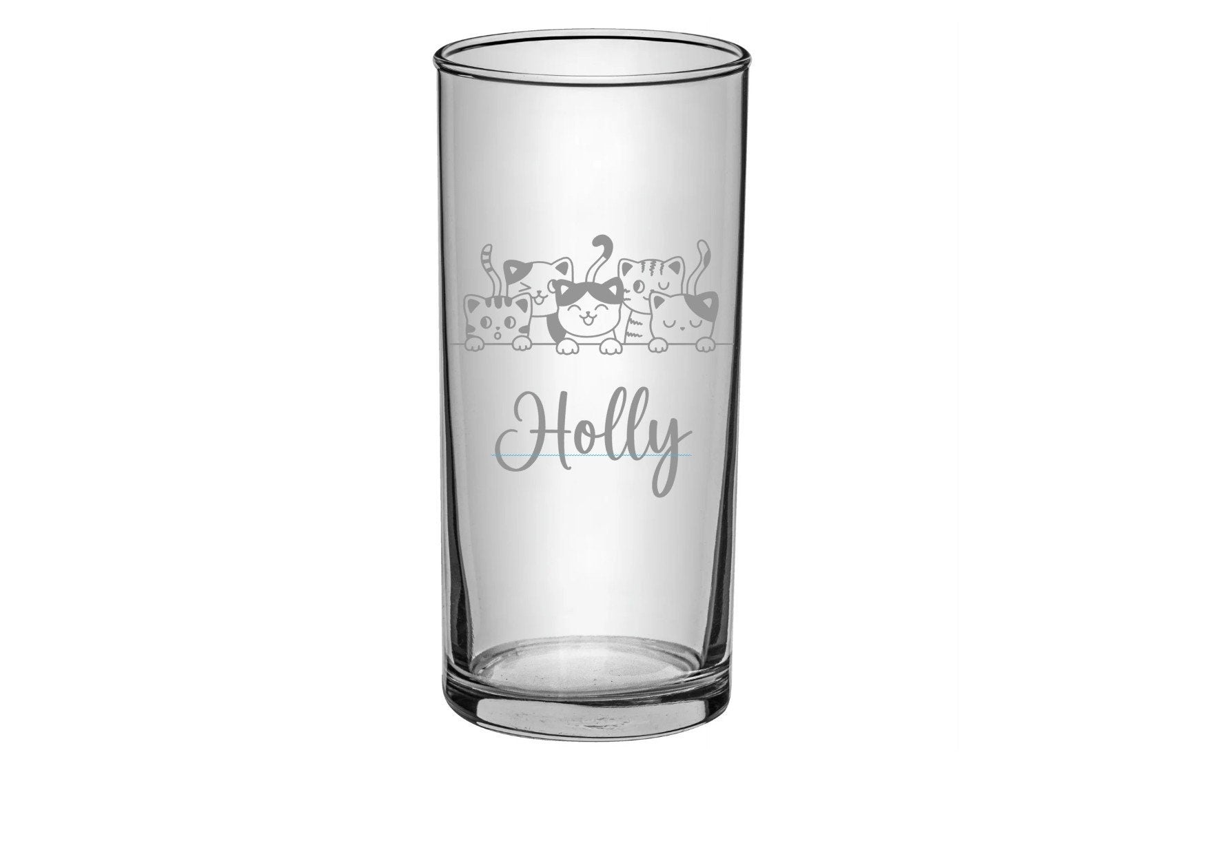 Kinder Trinkglas mit Gravur, personalisiert mit Namen, Wunschtext, versch. Katzen Motive, Wasserglas, graviert, Geschenk