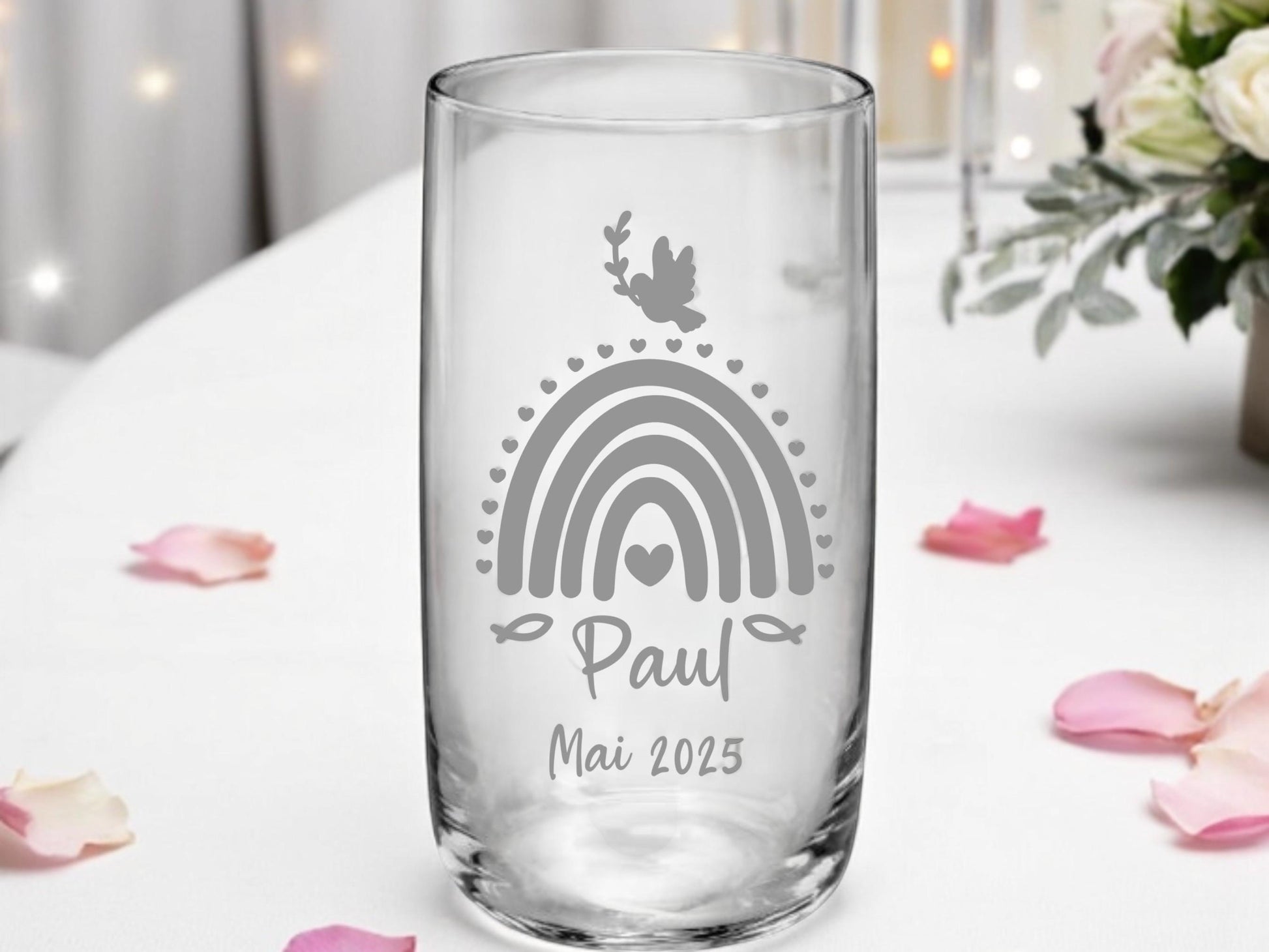Trinkglas Kommunion, Konfirmation, Taufe, Geschenk Geburt, für Jungen und Mädchen, Erinnerungsgeschenk, graviert, personalisiert, mit Namen