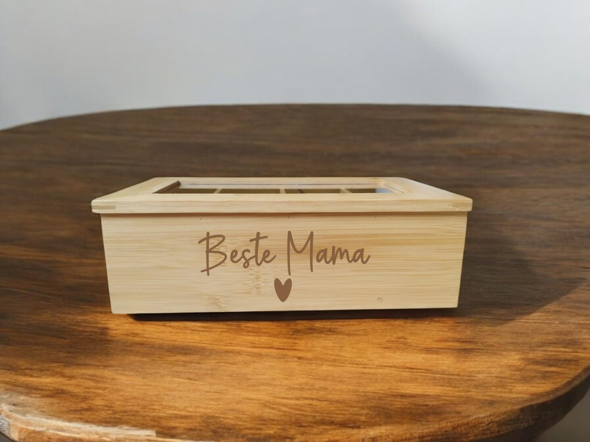 Personalisierte Tee Box, graviert, aus Bambus, 8 Fächer, mit Sichtfenster, Geschenk für die Mama, Geschenk zum Muttertag, Art.-Nr. TB2