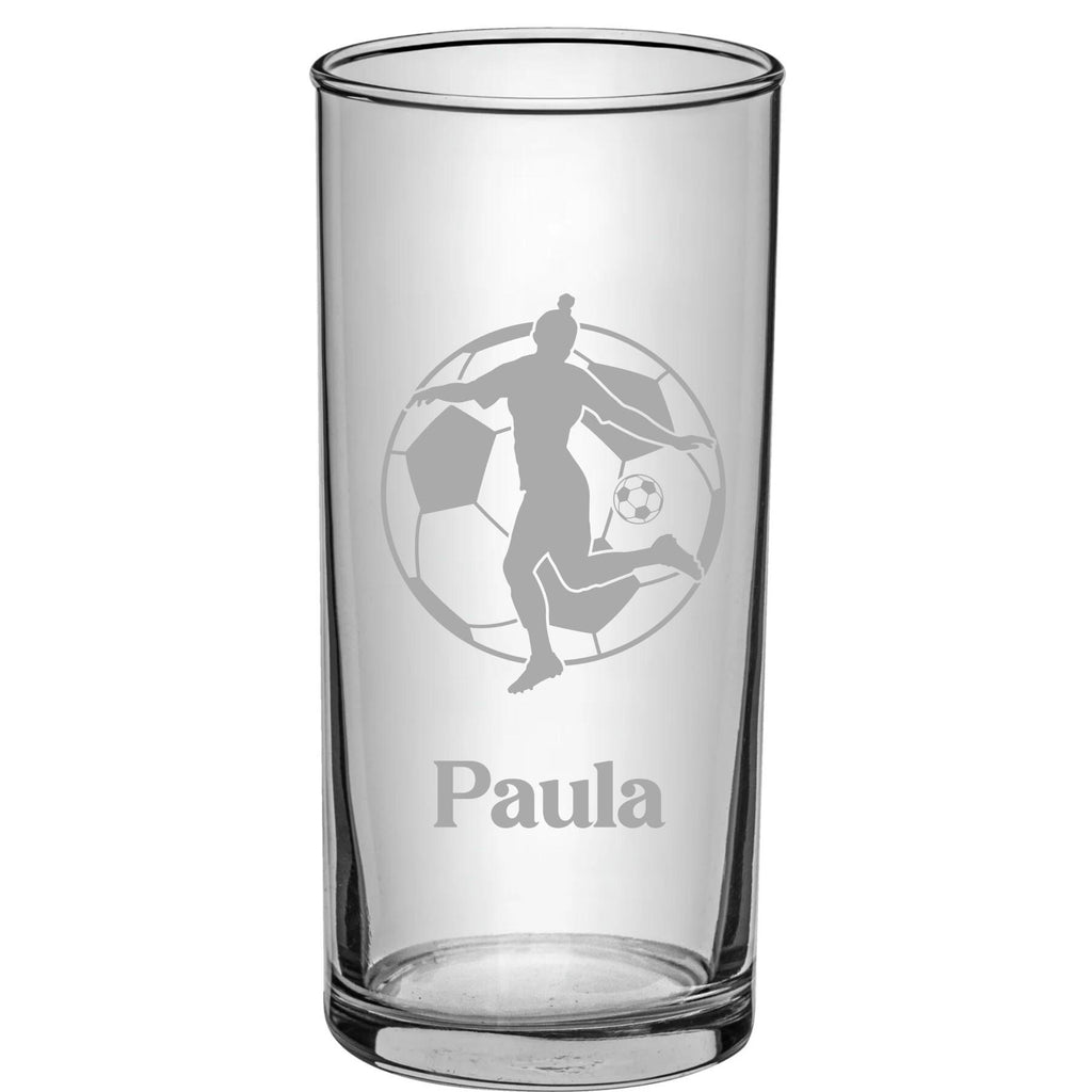 Trinkglas mit Fußball Motiv für Mädchen, graviert, mit Namen personalisiert, Geschenk für kleine oder große Fußballerinnen, ART.-NR. TGFM3