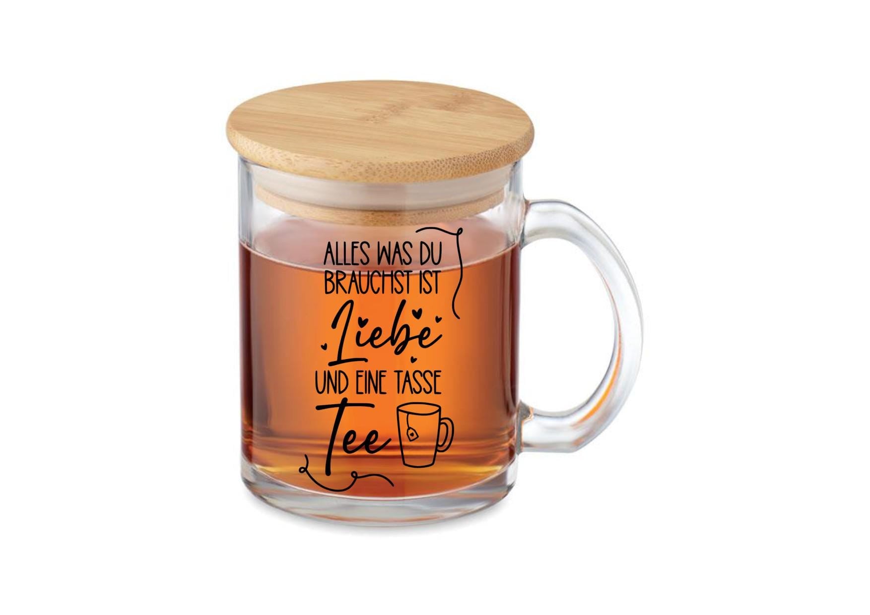 Teeglas mit Deckel aus Bambus, graviert, mit deinem Wunschnamen, Geschenk für Teetrinker, robust, Spülmaschinen geeignet, ART.-NR. TG06