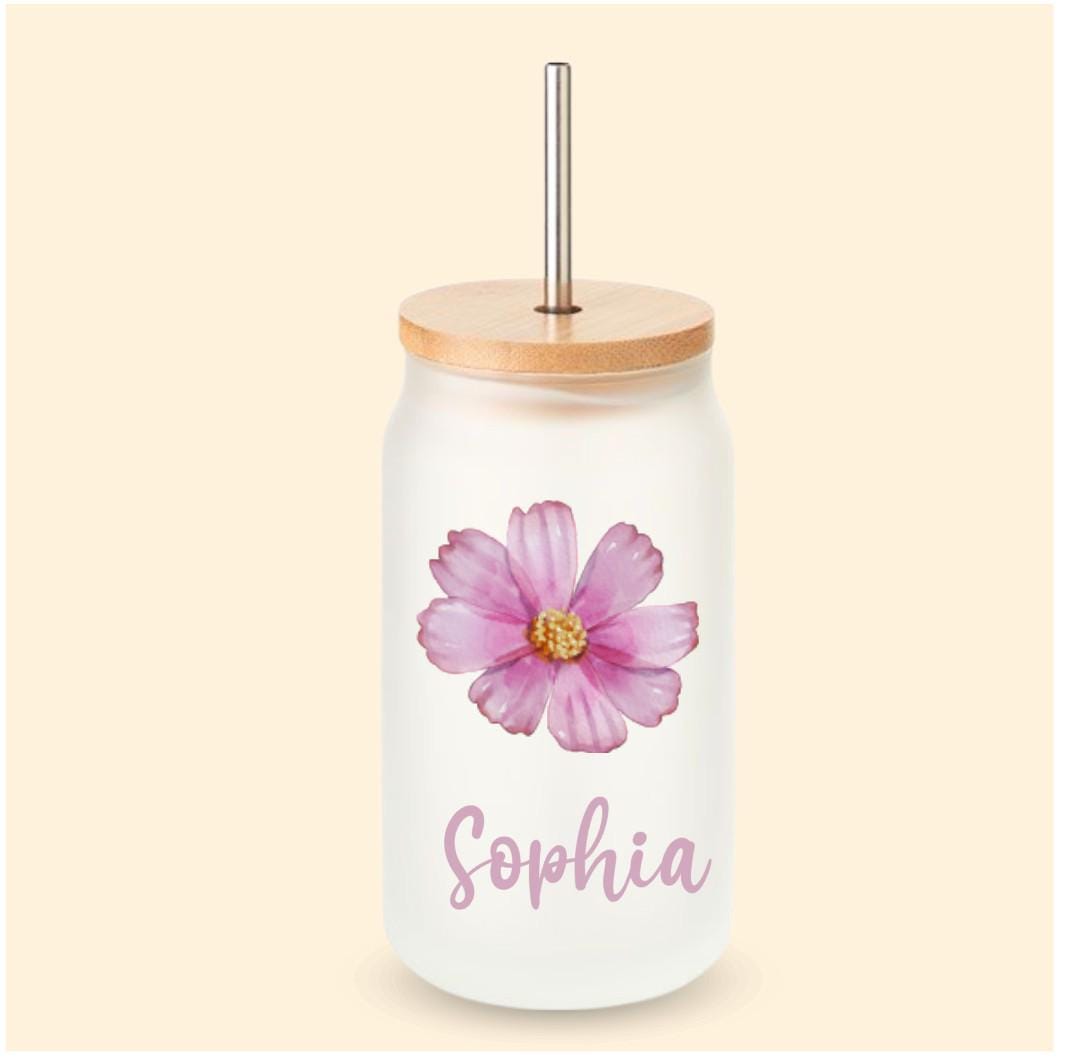 Trinkglas mit Deckel und Strohhalm, mit deiner Geburtstagsblume und Wunschnamen, Geschenk für den Geburtstag