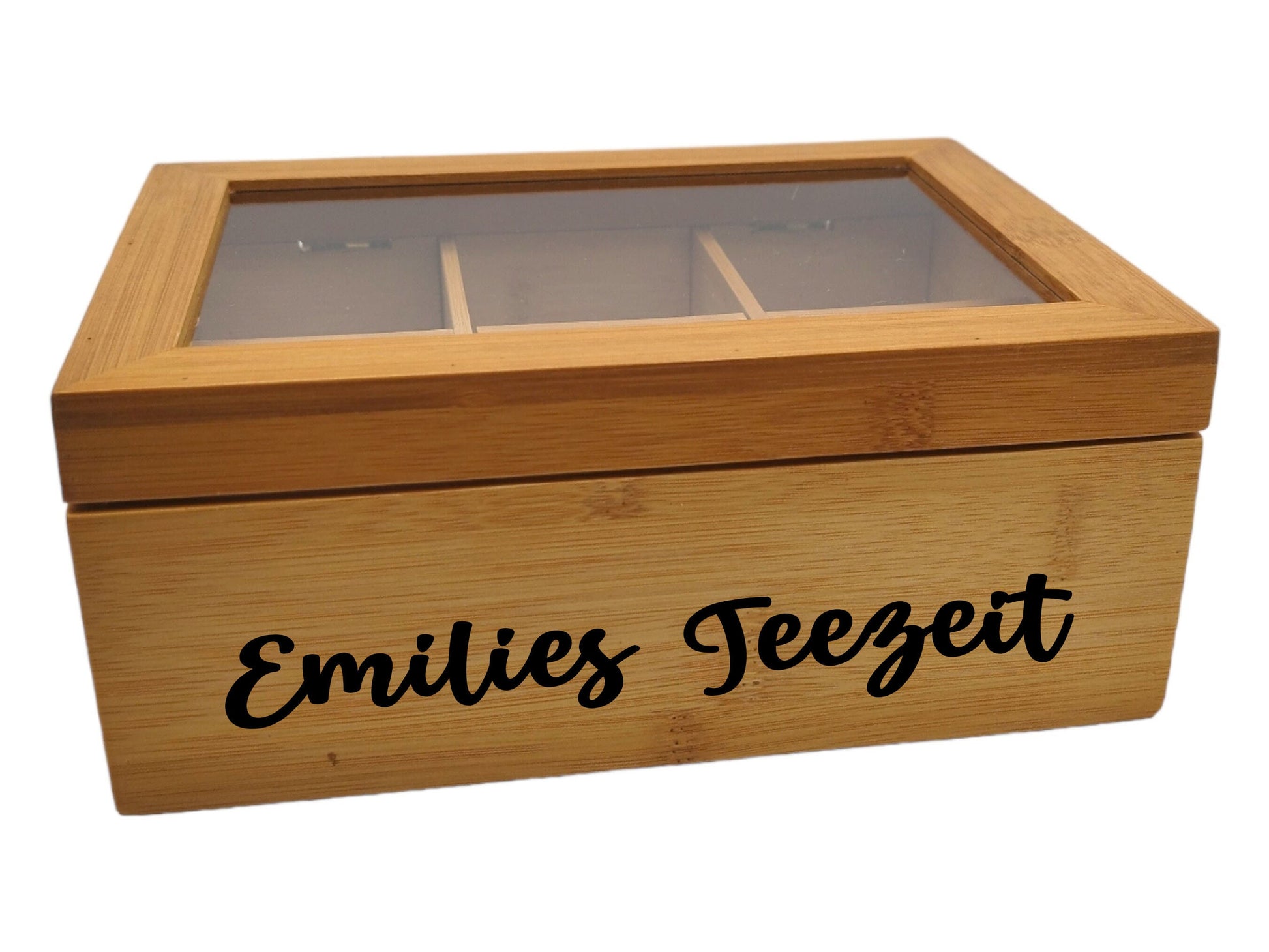 Personalisierte Tee Box - Ein einzigartiges Geschenk für Teeliebhaber! aus Bambus, mit 6 Fächern, mit Wunschgravur!