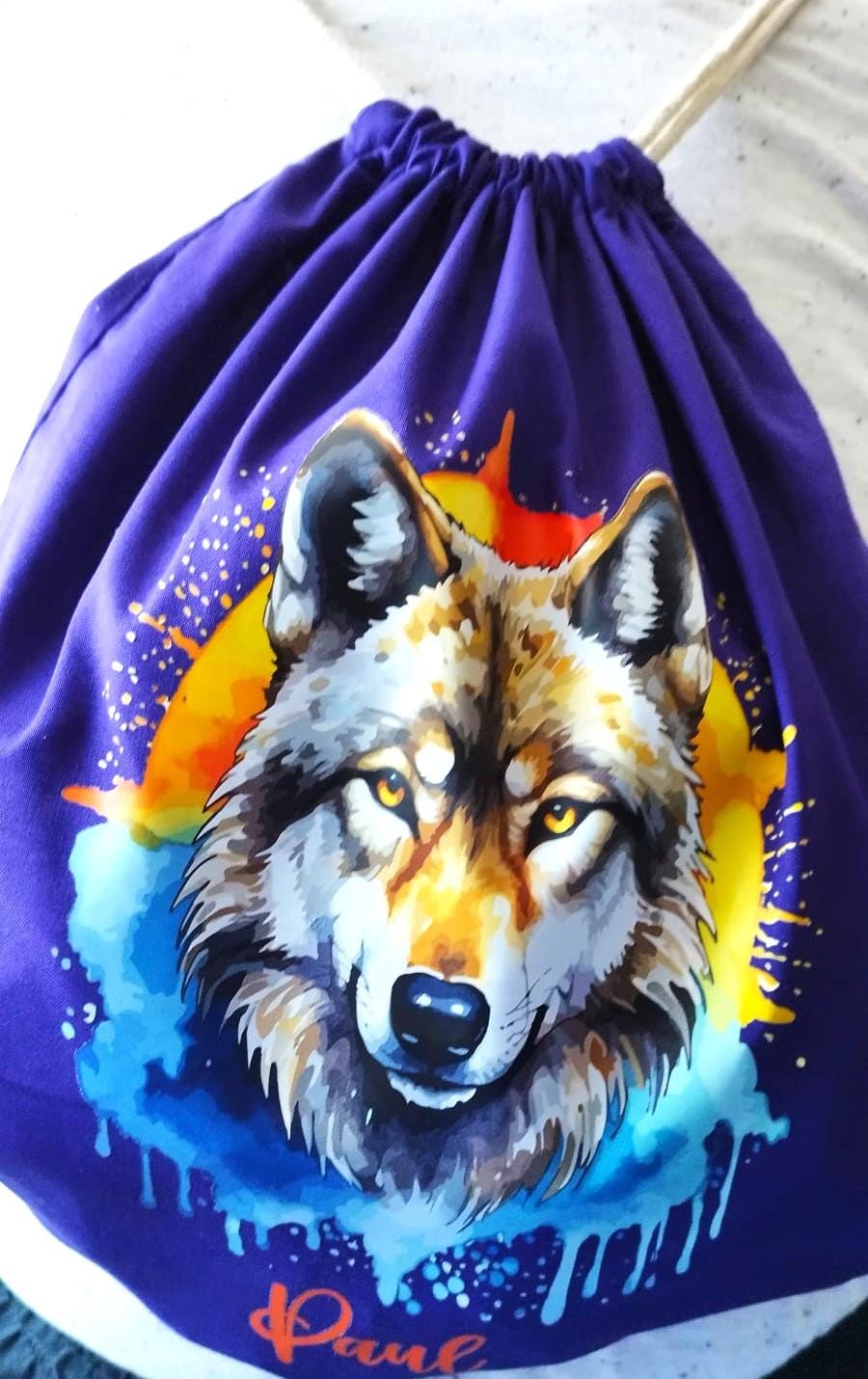 Turnbeutel Wolf, für Schule, Kindergarten, Freizeit, Geschenk für Kinder, verschiedene Farben und Motive, aus Baumwolle