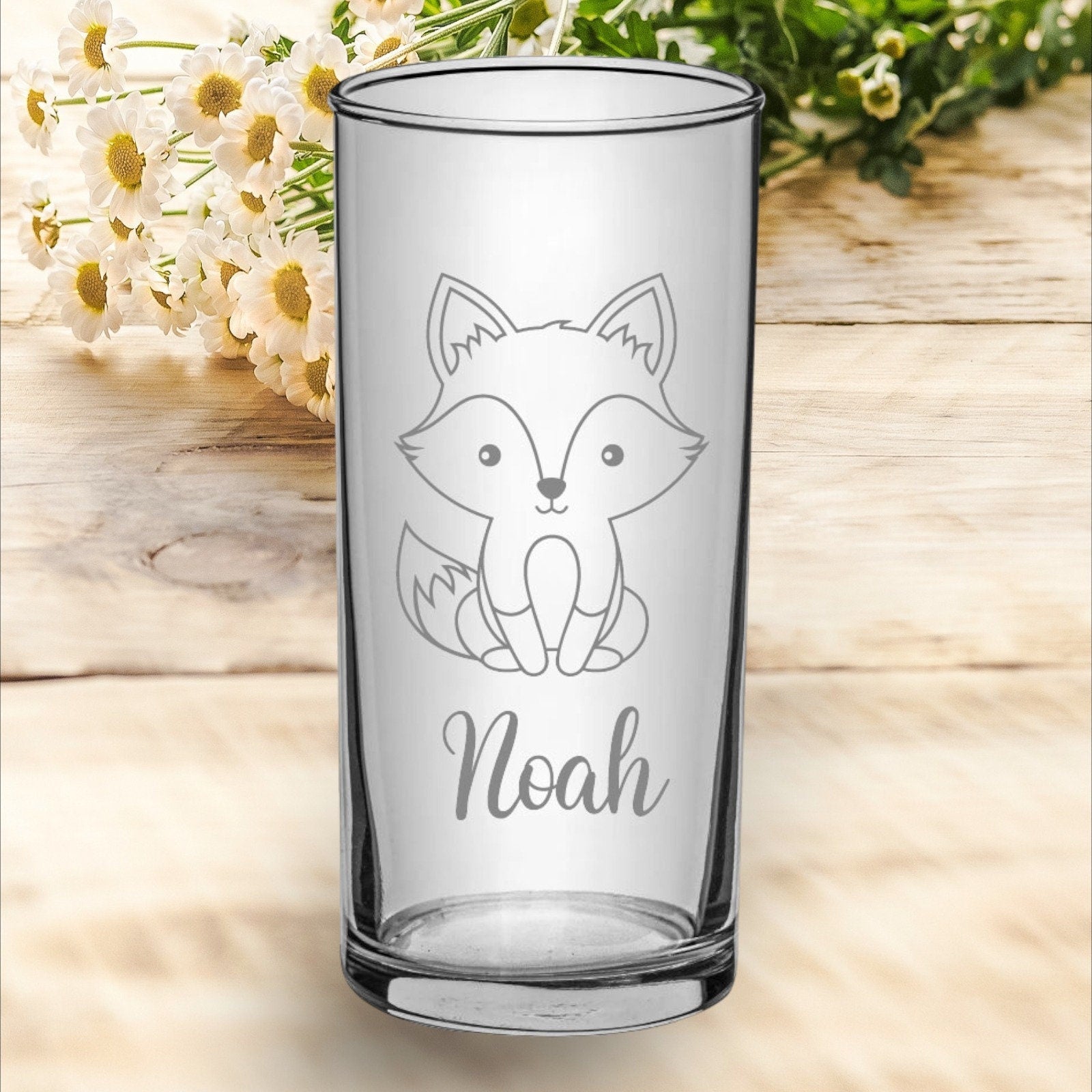 Kinder Trinkglas mit Gravur, personalisiert mit Namen, Wunschtext, Fuchs Motiv, Wasserglas, graviert, Geschenk