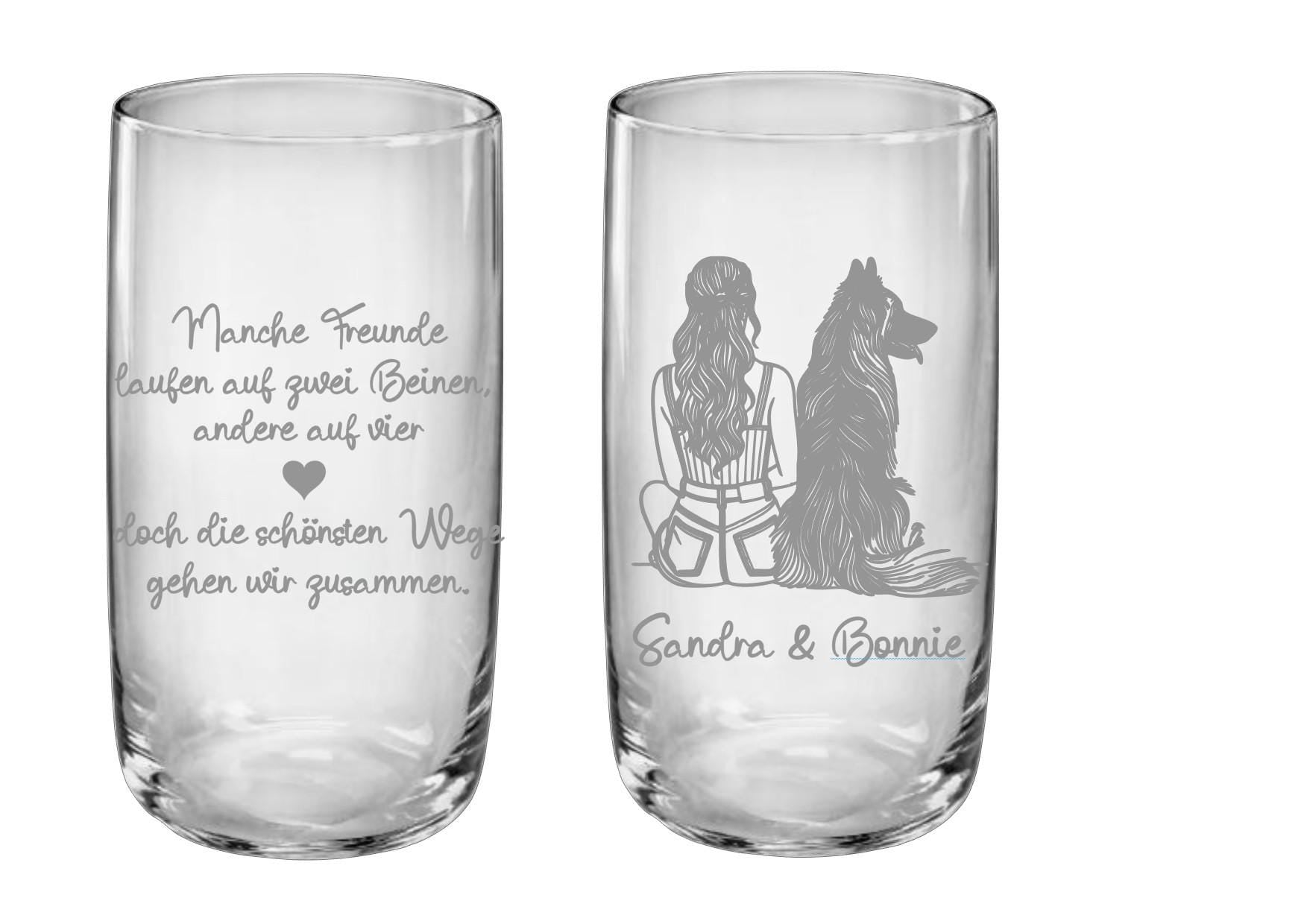 Trinkglas Freundschaft Hund und Mensch, graviert mit Namen & Spruch, 2 seitige Gravur, Erinnerung, Geschenk für Tierfreunde, stilvoll, edel