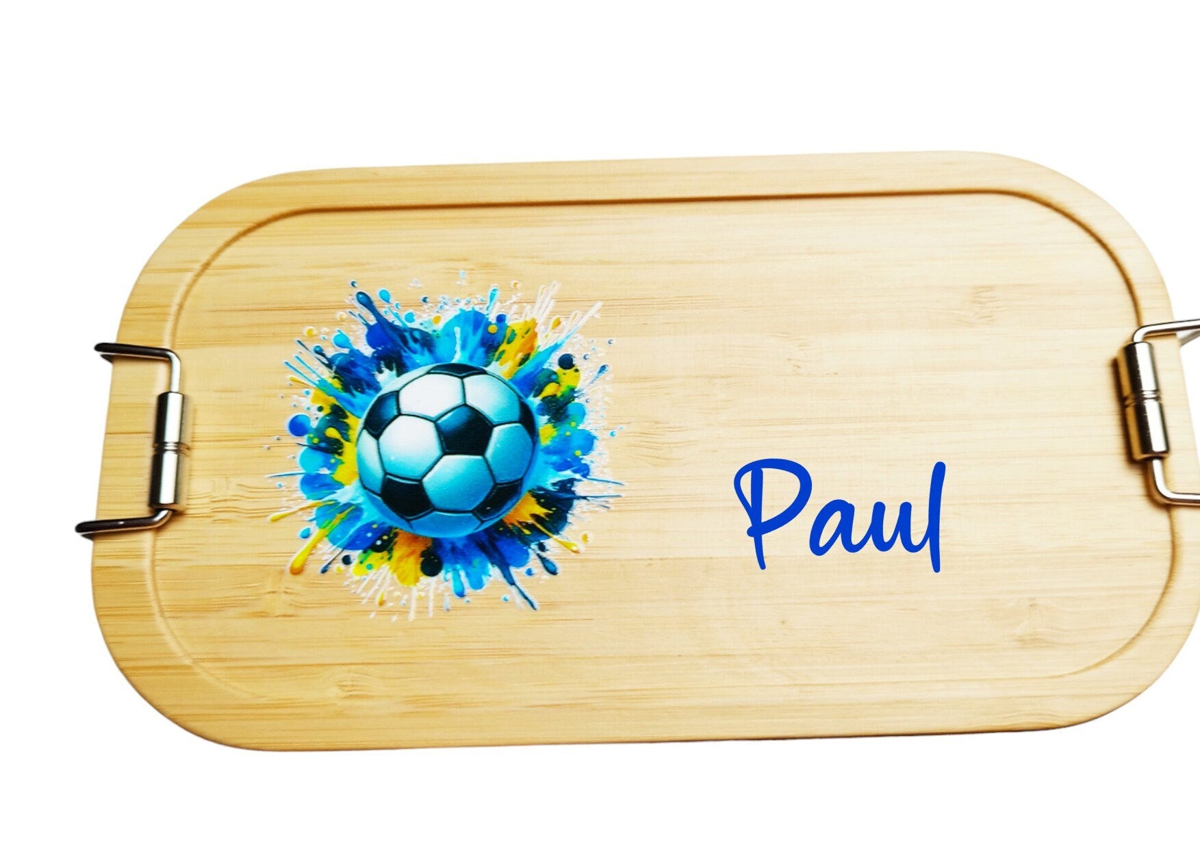 Lunchbox Fussball, mit Namen personalisiert, Bambus Brotdose, mit Trennsteg, versch. Designs / Farben, Geschenk für Fussballfans