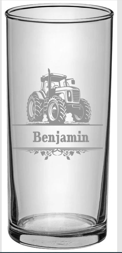 Traktor Kinder Trinkglas mit Gravur, personalisiert mit Namen, Wunschtext,  Wasserglas, graviert, Geschenk