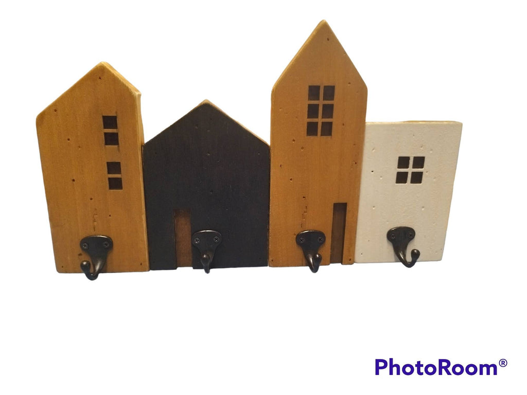 Garderobe Häuserzeile klein, Holz/Metall, 40x24x7cm