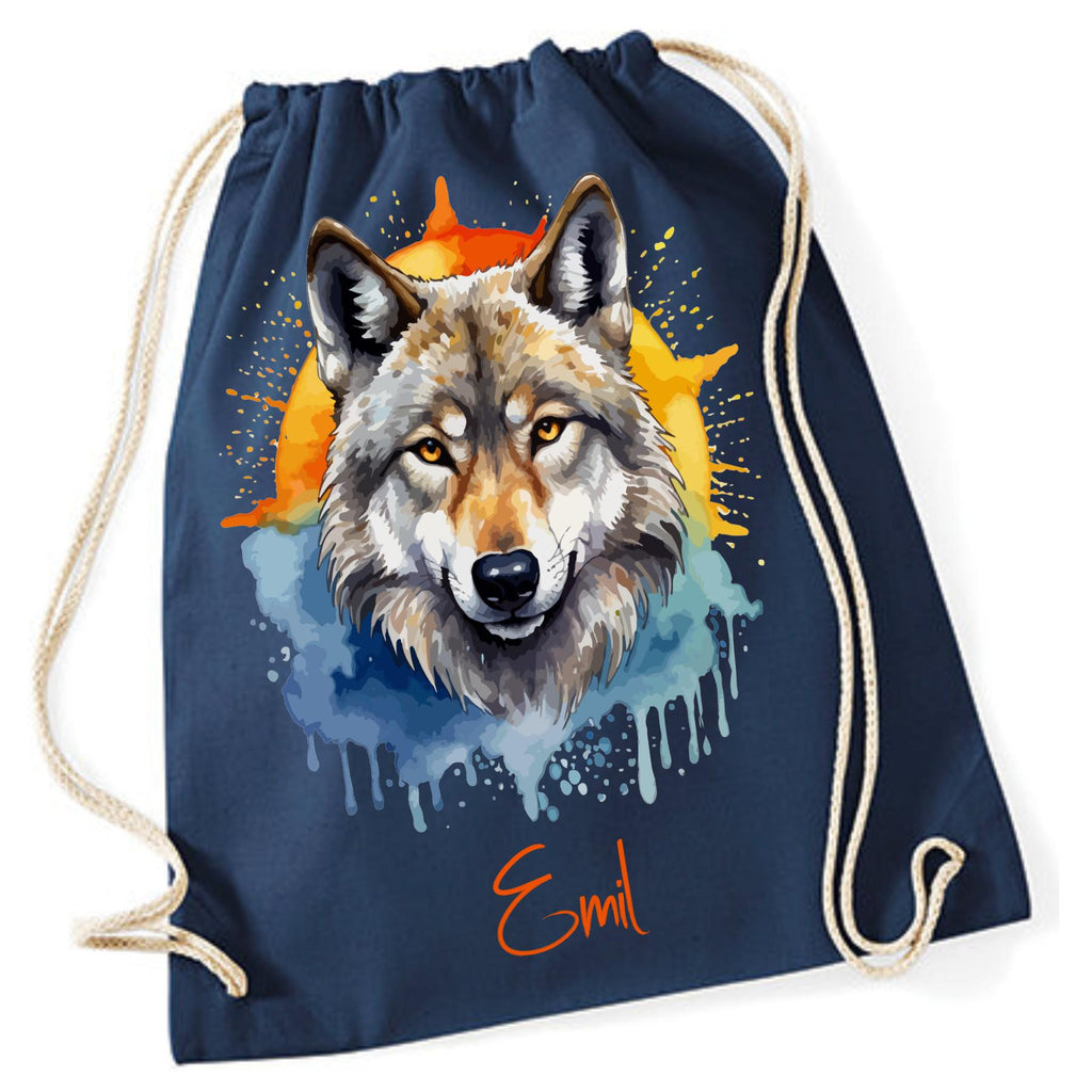 Turnbeutel Wolf, für Schule, Kindergarten, Freizeit, Geschenk für Kinder, verschiedene Farben und Motive, aus Baumwolle