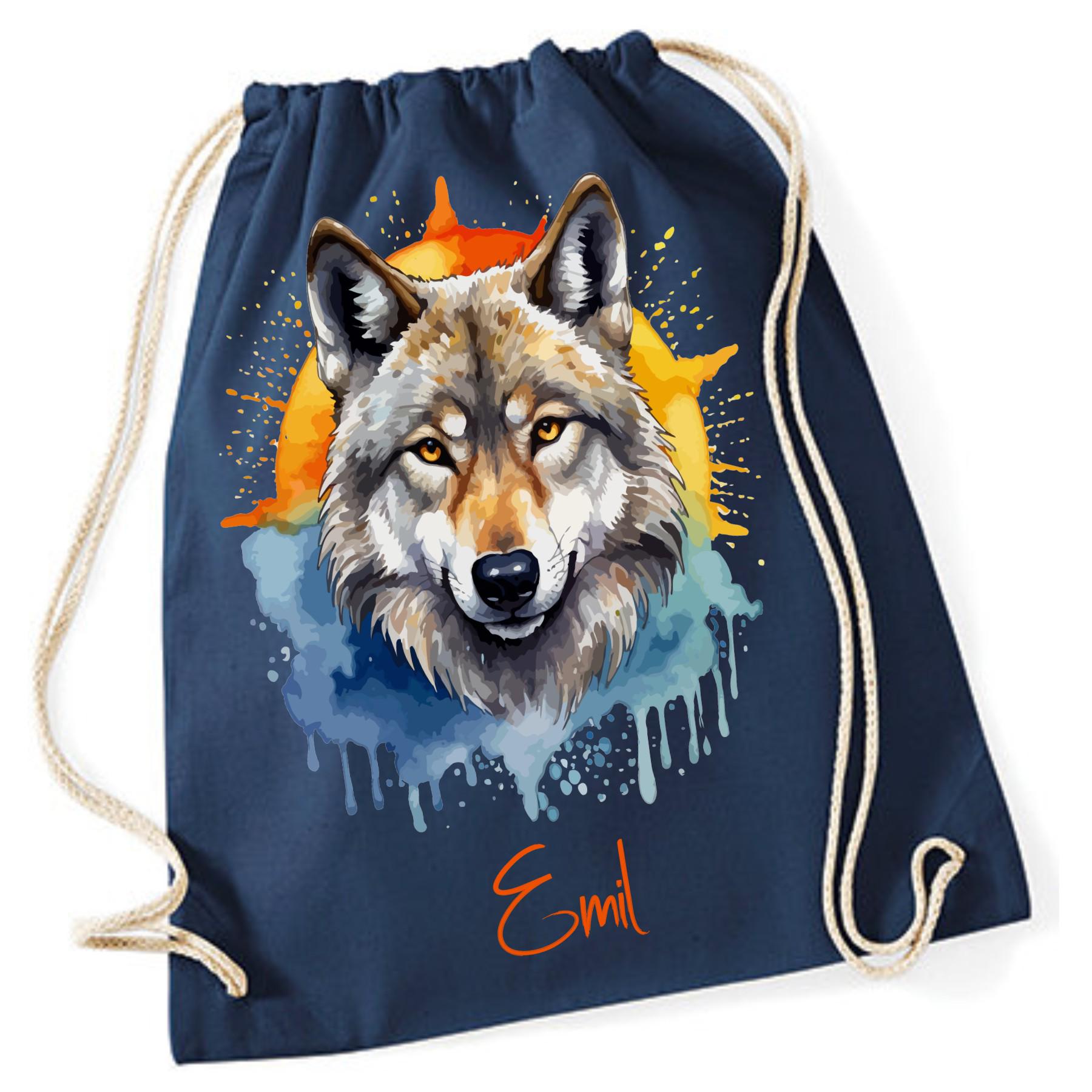 Turnbeutel Wolf, für Schule, Kindergarten, Freizeit, Geschenk für Kinder, verschiedene Farben und Motive, aus Baumwolle