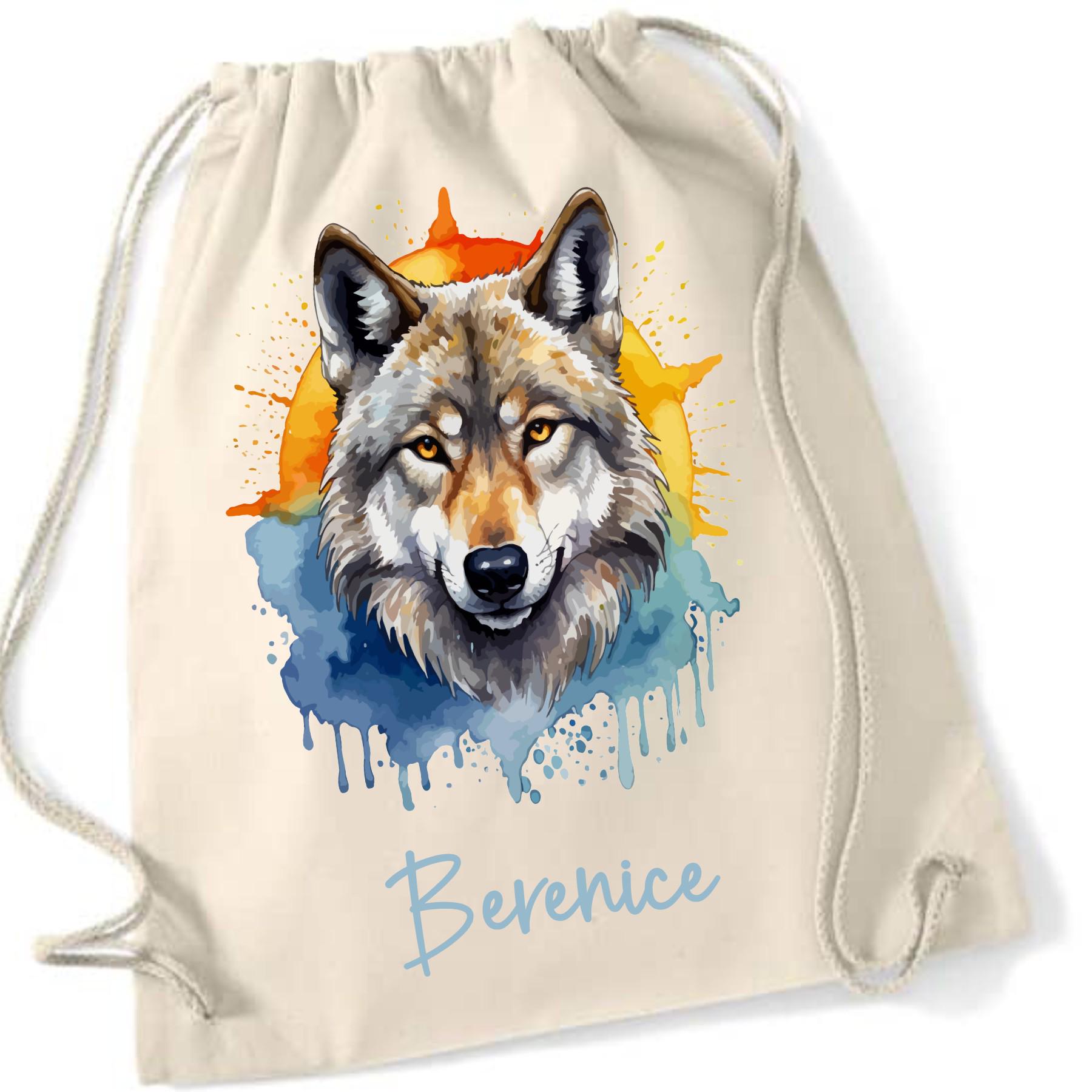 Turnbeutel Wolf, für Schule, Kindergarten, Freizeit, Geschenk für Kinder, verschiedene Farben und Motive, aus Baumwolle