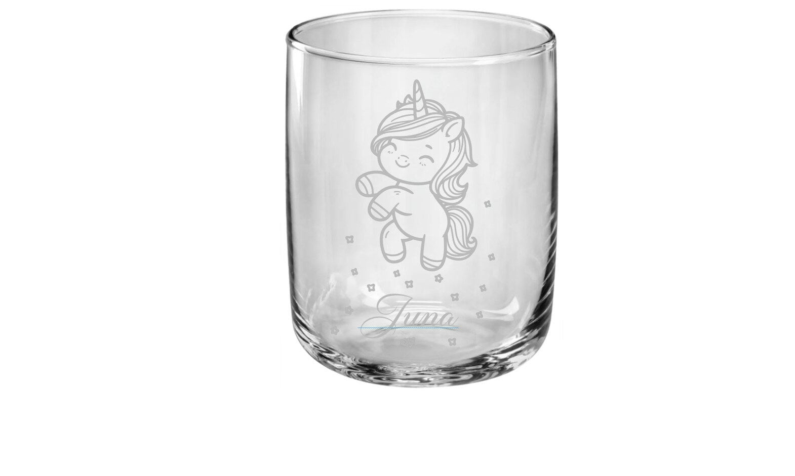 Graviertes Trinkglas mit Einhorn und Namen für Kinder, gut geeignet für kleine Kinderhände, ideales Geschenk zum Geburtstag o.a. Kindertag
