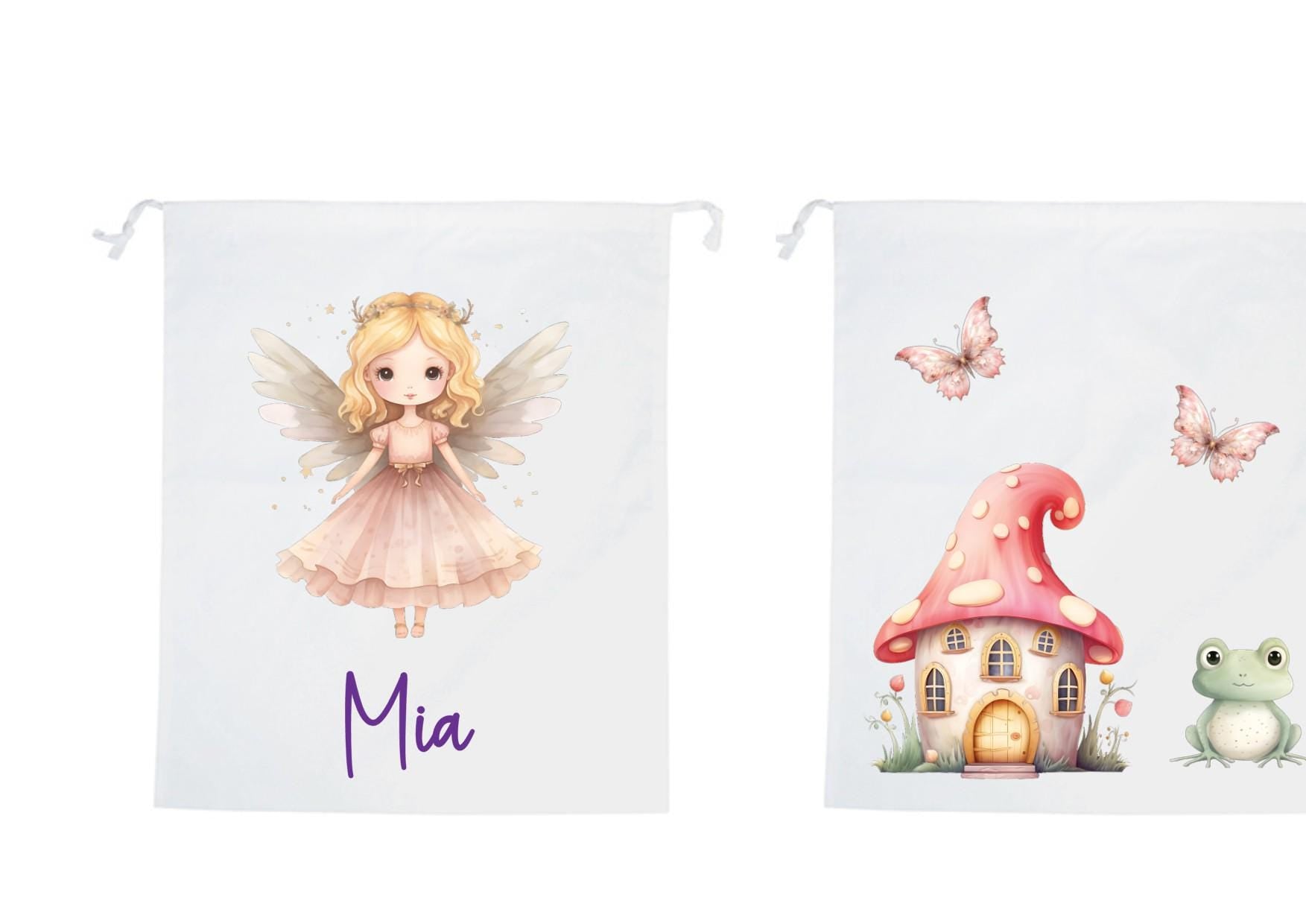 Personalisierter Wäschebeutel für den Kindergarten, Fee Motive auf 2 Seiten, mit Namen personalisiert, Zuziehbeutel, waschbar, Geschenk