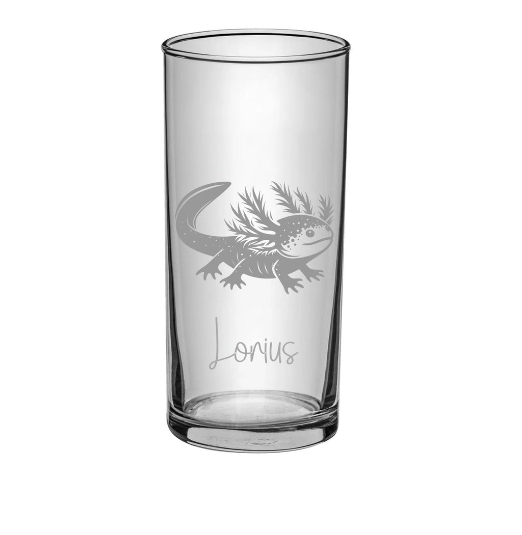 Axolotl Kinder Trinkglas mit Gravur, personalisiert mit Namen, Wunschtext,  Wasserglas, graviert, Geschenk, für Axolotl Freunde