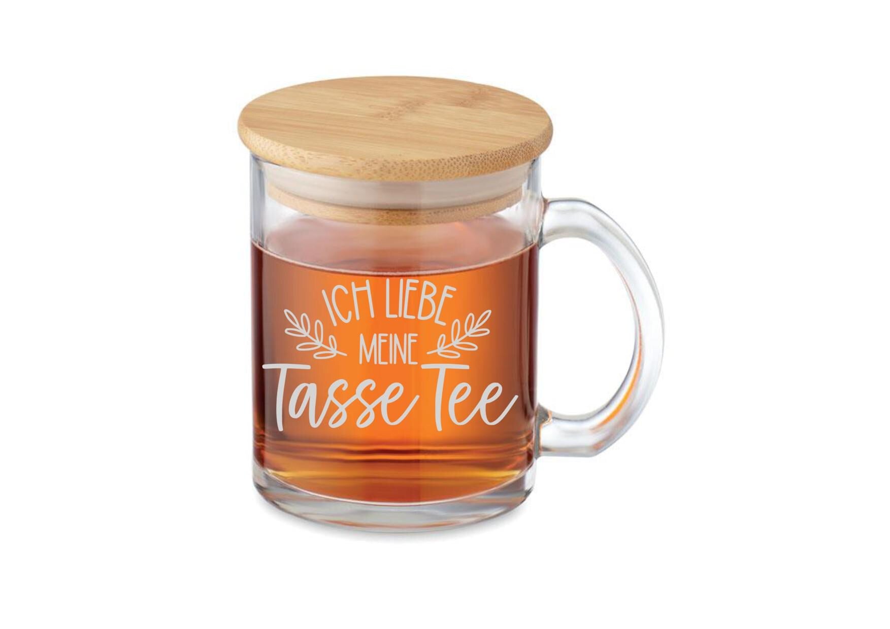 Teeglas, Teetasse mit Bambusdeckel, graviert, personalisiert, mit Namen auf Wunsch, Geschenk für Teetrinker, Art.-Nr. TG03