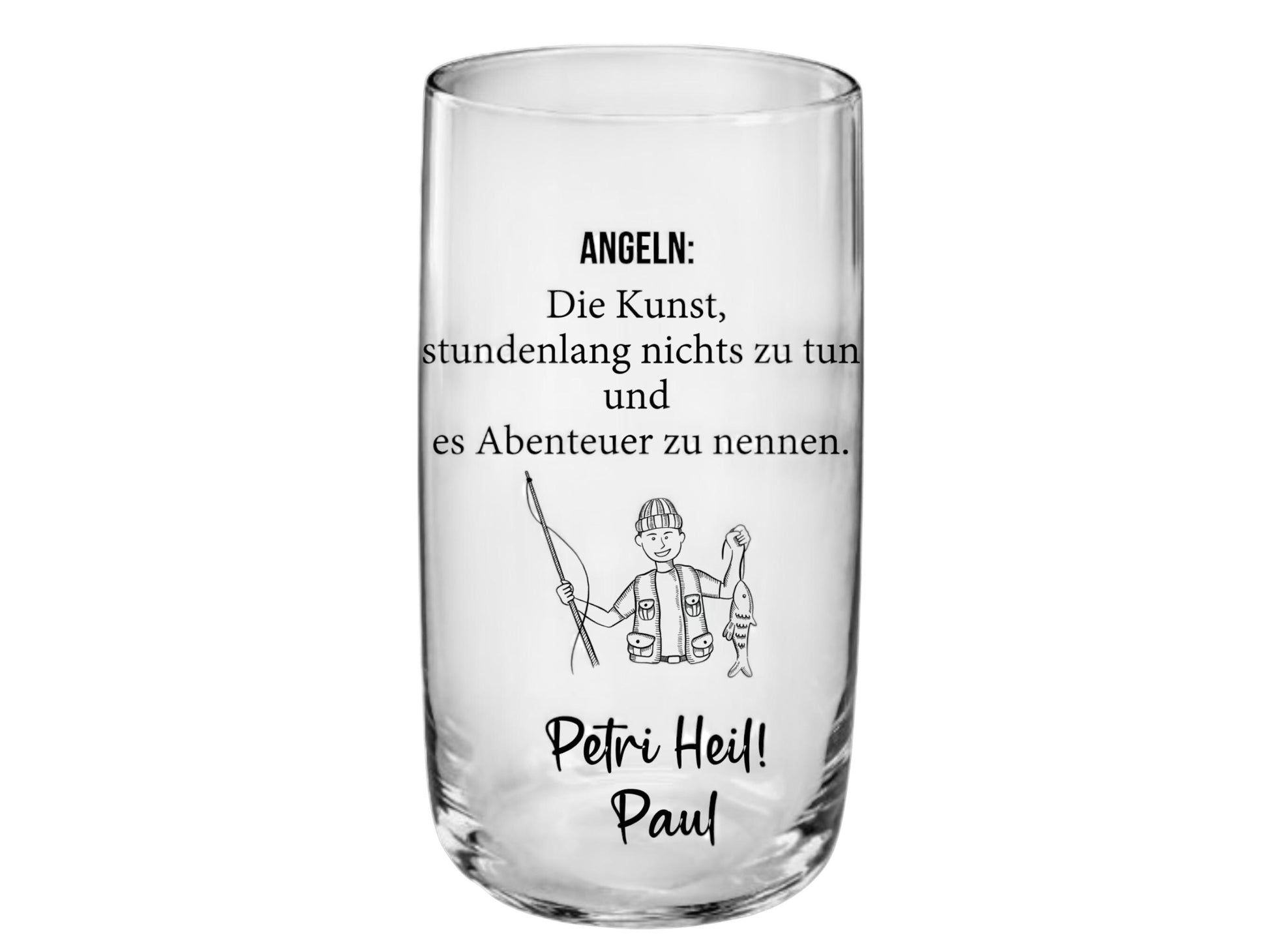 Trinkglas für einen Angler! mit lustigem Spruch, Geschenk zum Geburtstag, personalisiert mit Namen, graviert -> edel, Art.-Nr. AG01