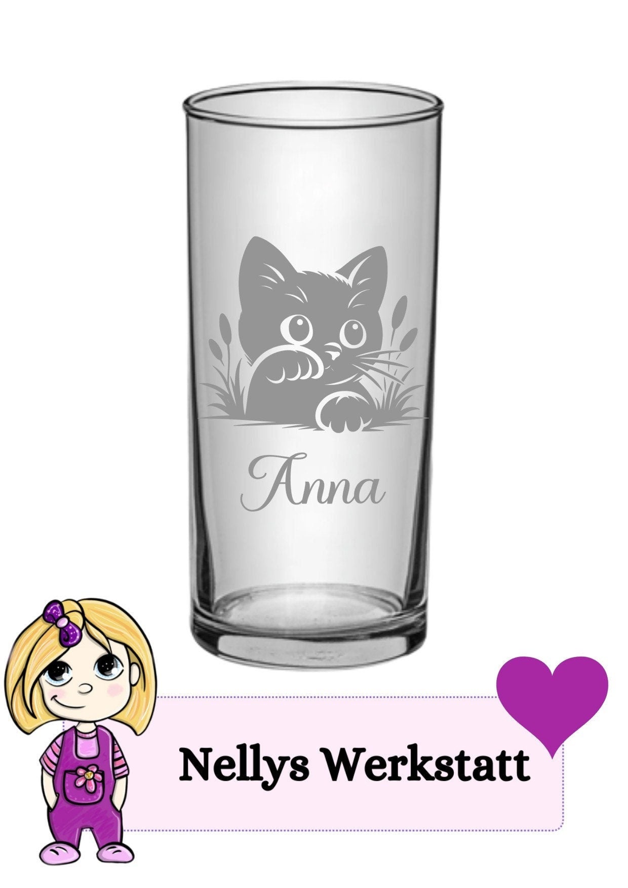 Kinder Trinkglas mit Gravur, personalisiert mit Namen, Wunschtext, versch. Katzen Motive, Wasserglas, graviert, Geschenk