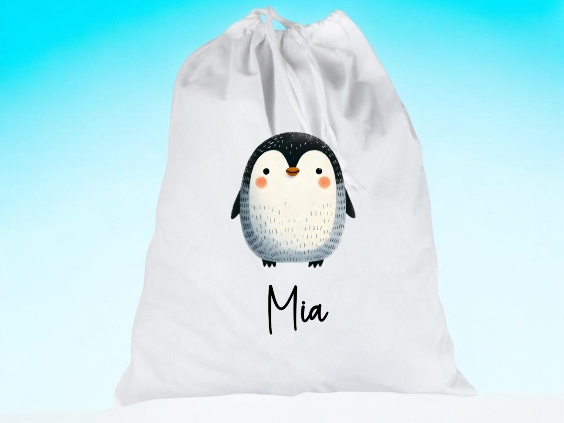 Personalisierter Wäschebeutel für den Kindergarten – mit süßem Pinguin, individuellem Wunschnamen für Wechselwäsche, praktisch + niedlich
