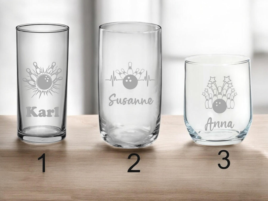 Personalisierte gravierte Gläser mit Bowlingmotiv – Dein Name, 3 Formen, 8 Modelle – Perfektes Geschenk für Bowling-Fans! Art.-Nr. Sport_2