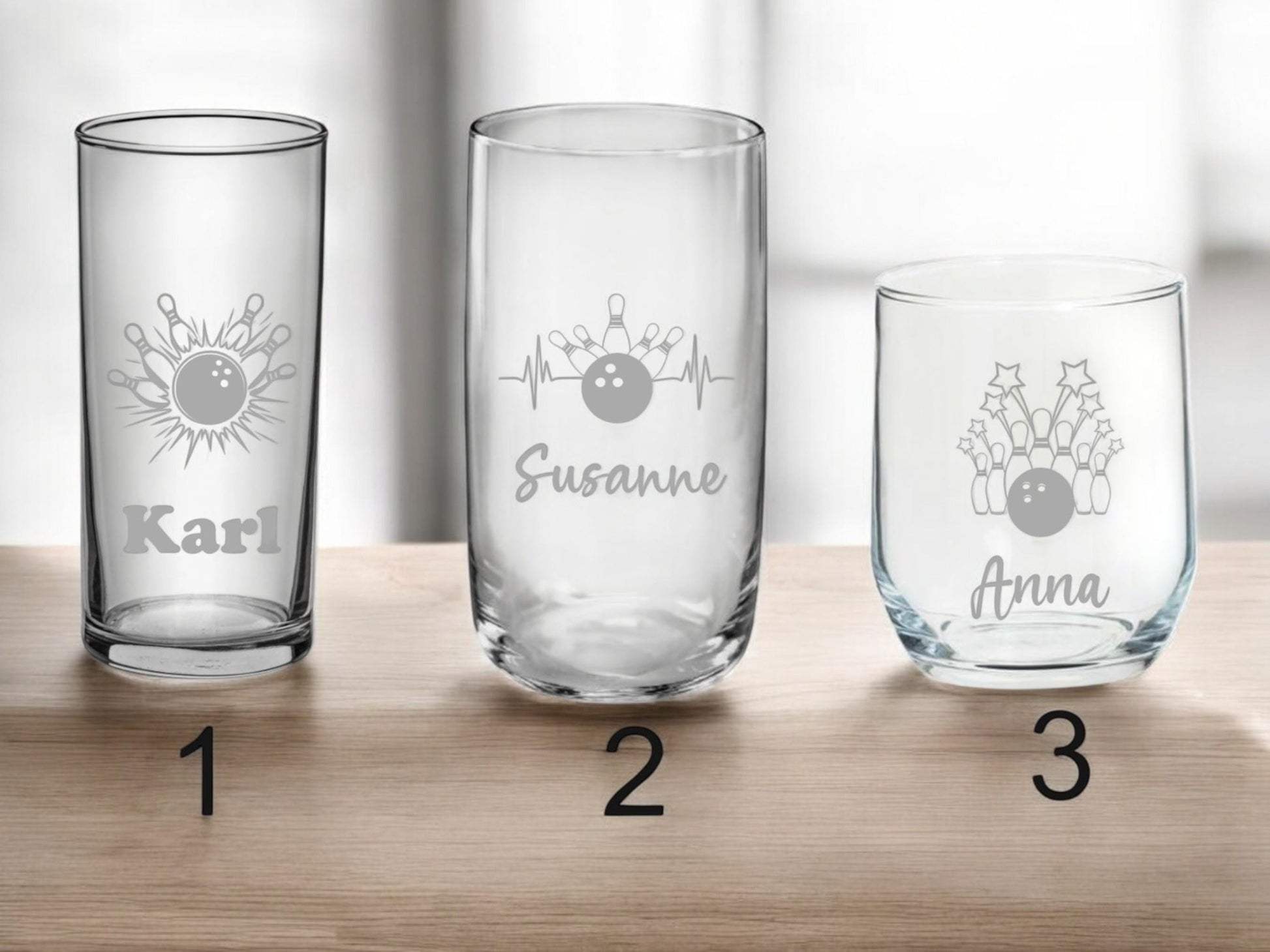 Personalisierte gravierte Gläser mit Bowlingmotiv – Dein Name, 3 Formen, 8 Modelle – Perfektes Geschenk für Bowling-Fans! Art.-Nr. Sport_2