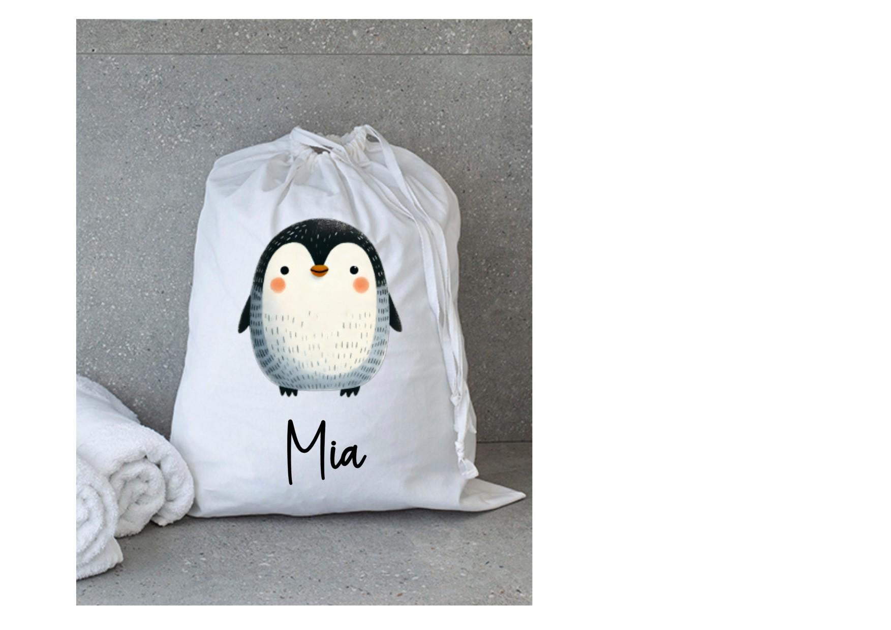 Personalisierter Wäschebeutel für den Kindergarten – mit süßem Pinguin, individuellem Wunschnamen für Wechselwäsche, praktisch + niedlich