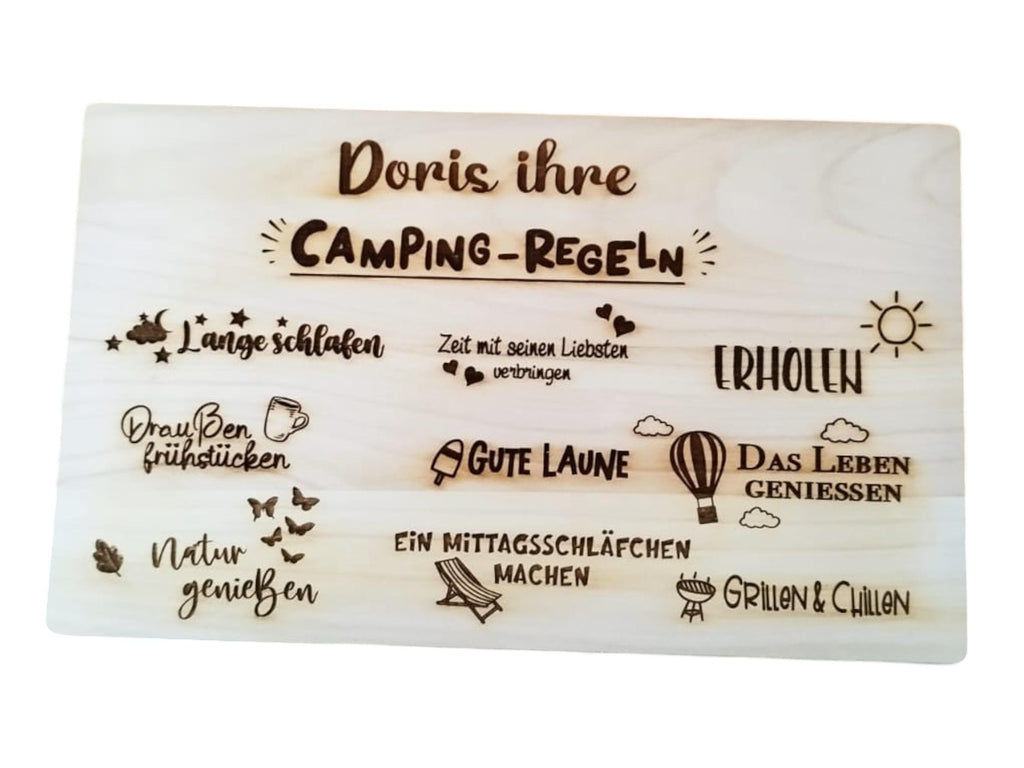 Schneidbrett mit Camping Regeln, aus massivem Ahorn Holz, 26x15x1,2 cm, personalisiertes Geschenk für Camper, mit Wunschnamen, Must have