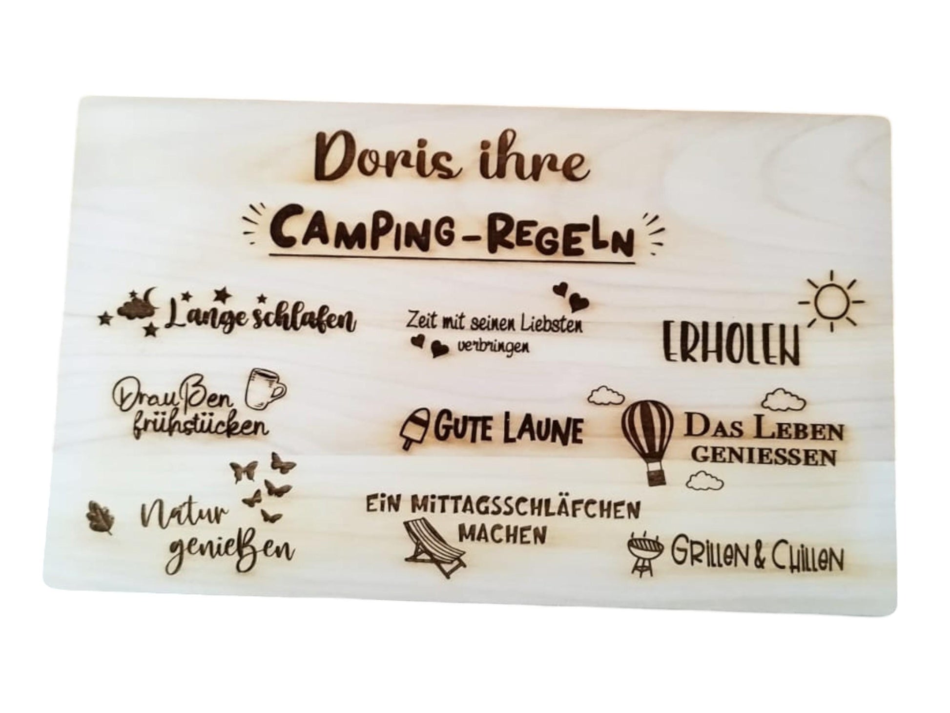 Schneidbrett mit Camping Regeln, aus massivem Ahorn Holz, 26x15x1,2 cm, personalisiertes Geschenk für Camper, mit Wunschnamen, Must have