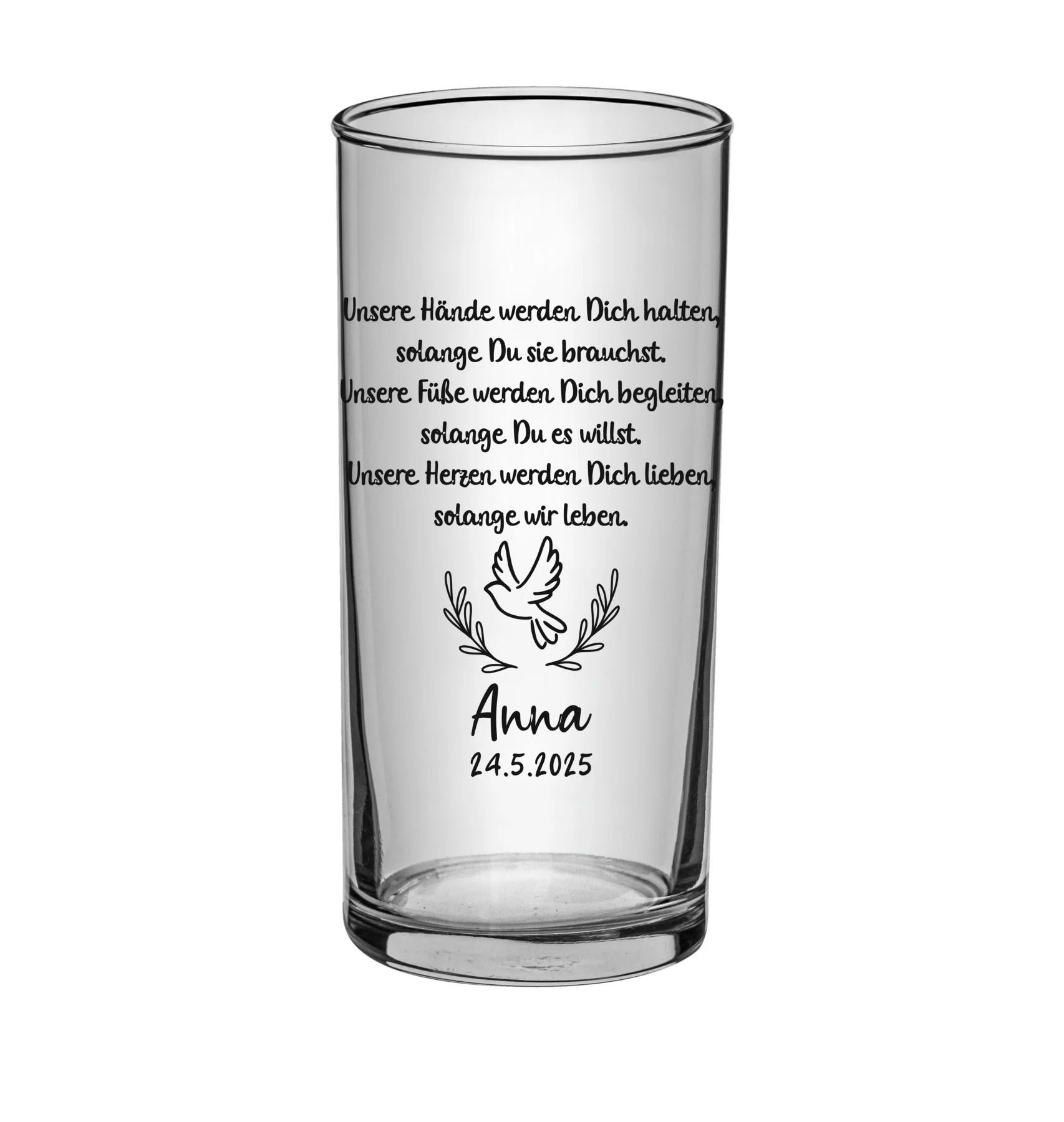 Trinkglas Kommunion, Konfirmation oder Taufe, personalisiert, graviert, Geschenk, mit Namen und Spruch, Gastgeschenk, Junge o. Mädchen